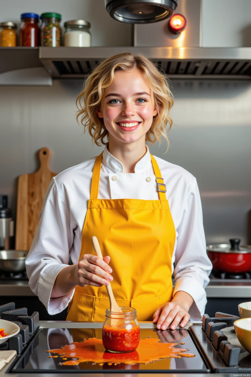 A person in a kitchen wearing a white chef's coat and yellow apron, holding a wooden spoon over a jar of sauce.