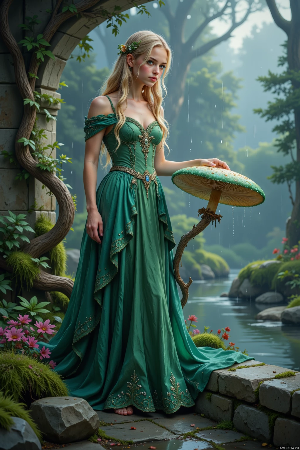 A woman in a green dress stands in a lush, misty garden holding a large mushroom.