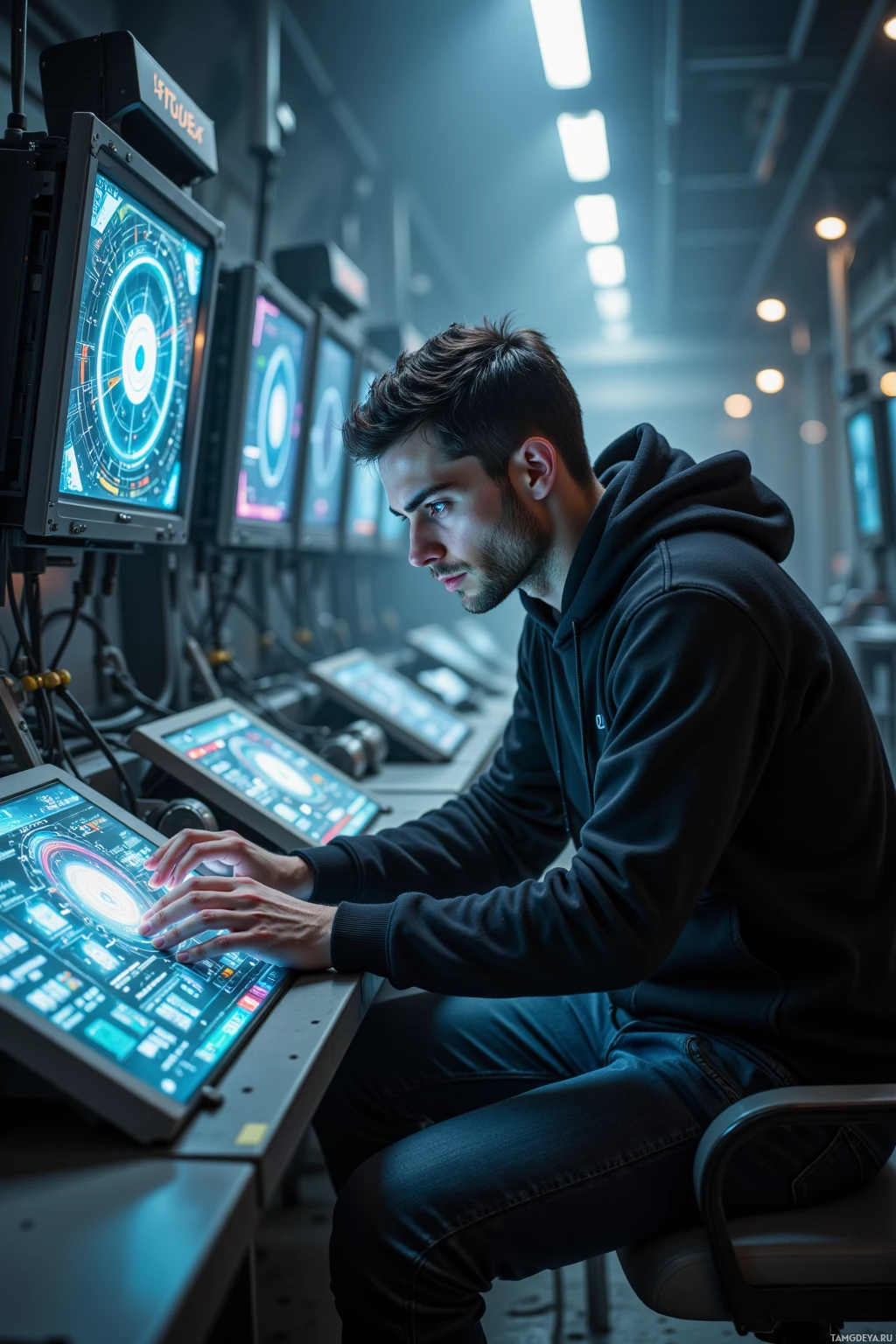 A person in a hoodie is seated at a control panel with multiple screens displaying futuristic interfaces.