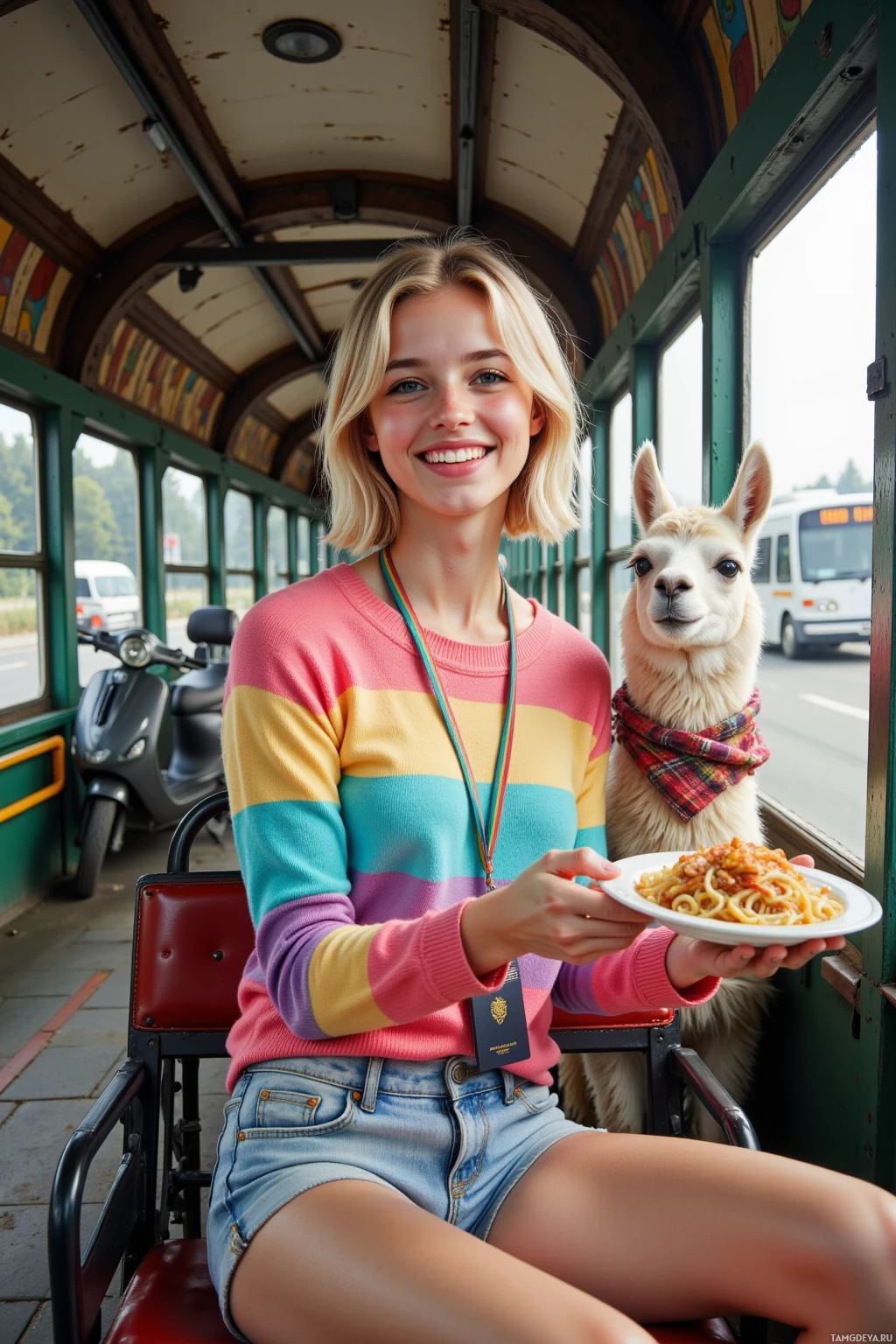 A person in a colorful sweater holds a plate of spaghetti while sitting on a bus with a llama beside them.