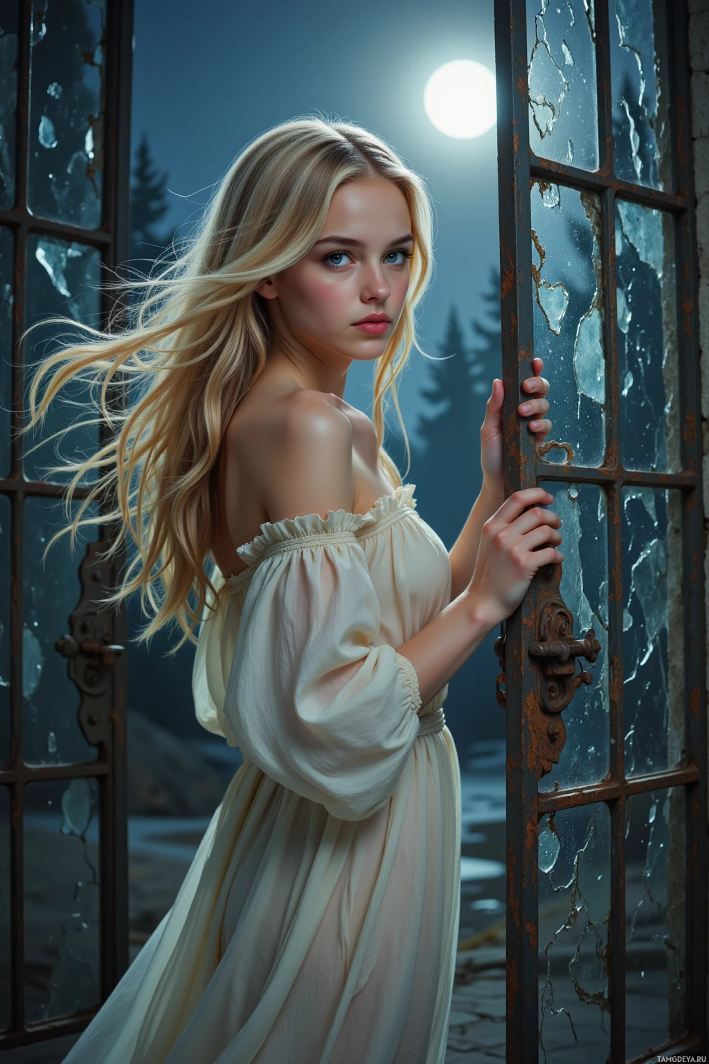 A woman in a flowing white dress stands by a window at night, holding onto the frame.