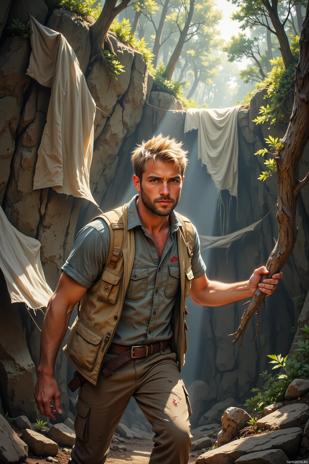 A man in a safari outfit stands in a rocky, forested area.