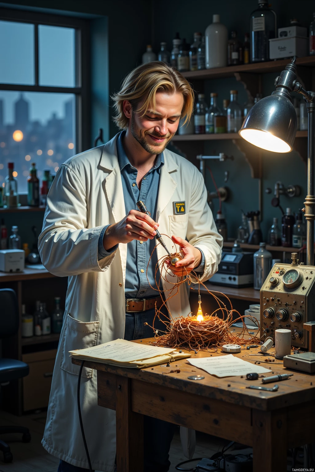 A man in a lab coat works on a project with a soldering iron in a workshop.