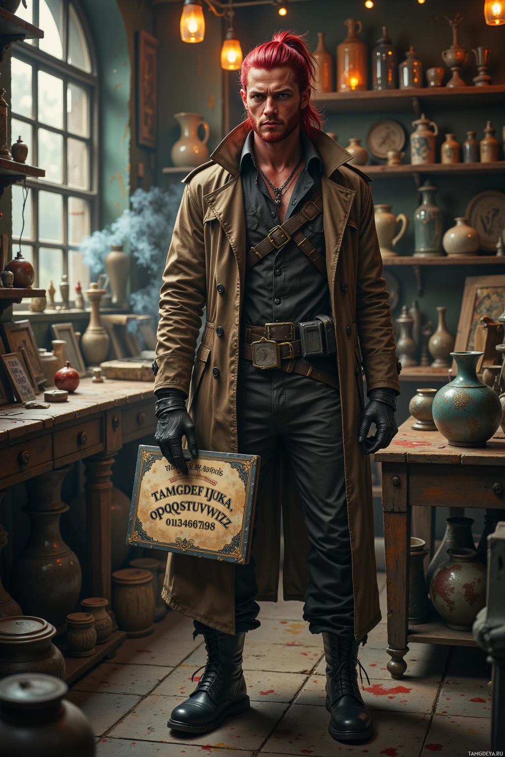 A man in a trench coat stands in a room filled with antique vases and pottery, holding a sign.