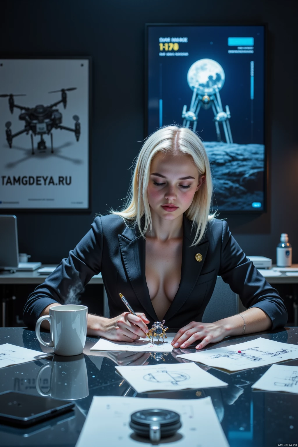A woman in a professional setting is working at a desk with papers, a mug, and a drone poster in the background.