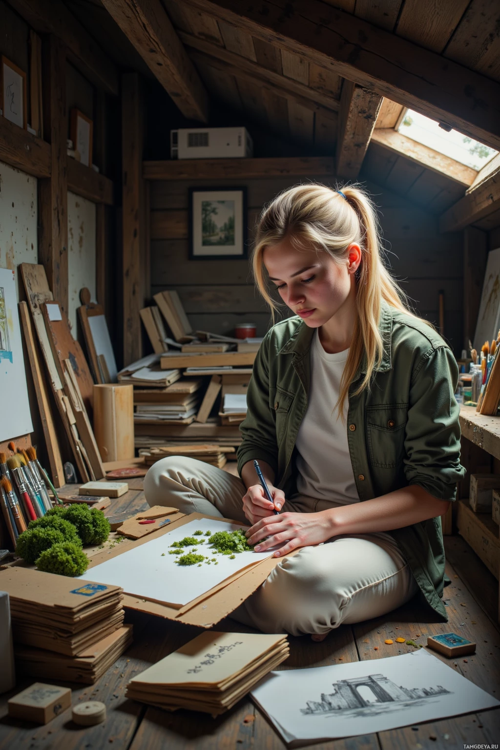 A person is sitting on the floor in a rustic studio, sketching on a piece of paper.