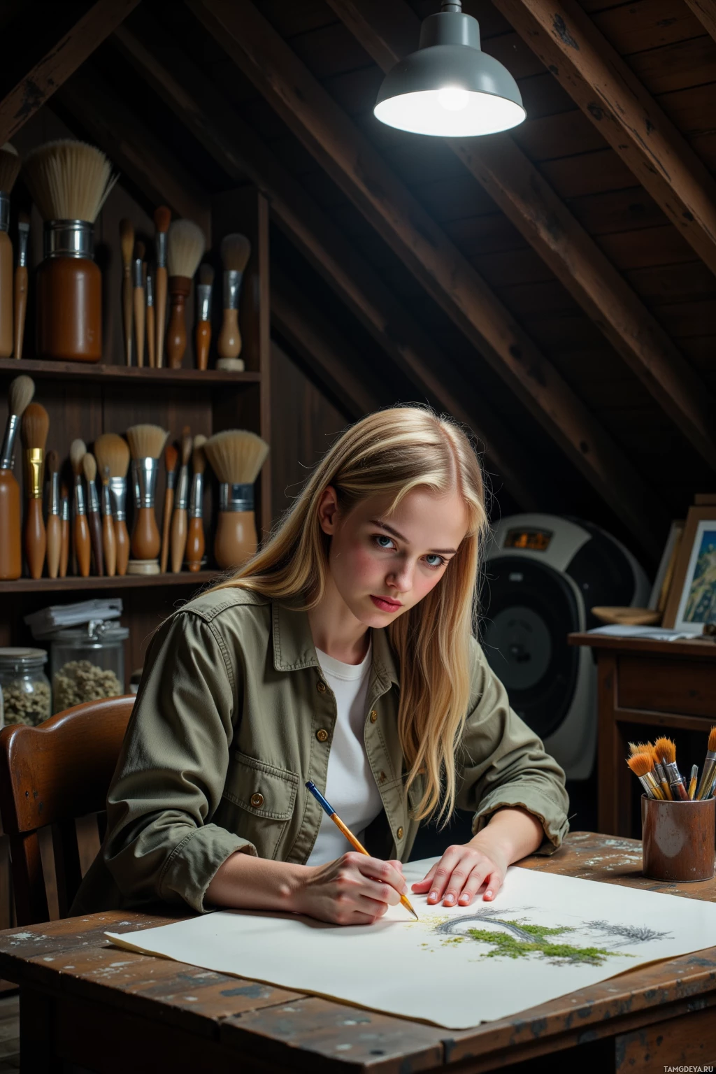 A young woman is drawing at a desk in a cozy, rustic studio.