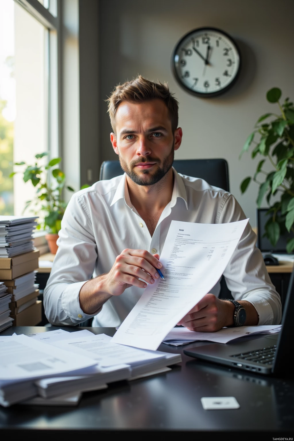 A man in a white shirt sits at a desk with papers and a laptop, holding a document.