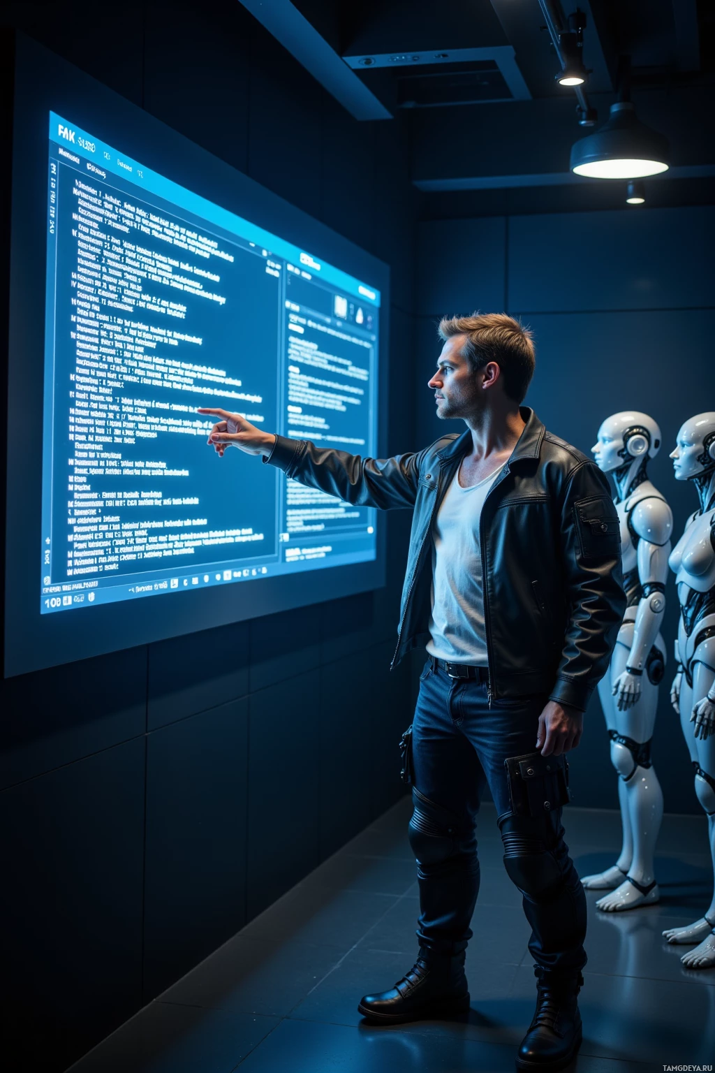 A man in a leather jacket points at a large screen displaying code, with two robots in the background.
