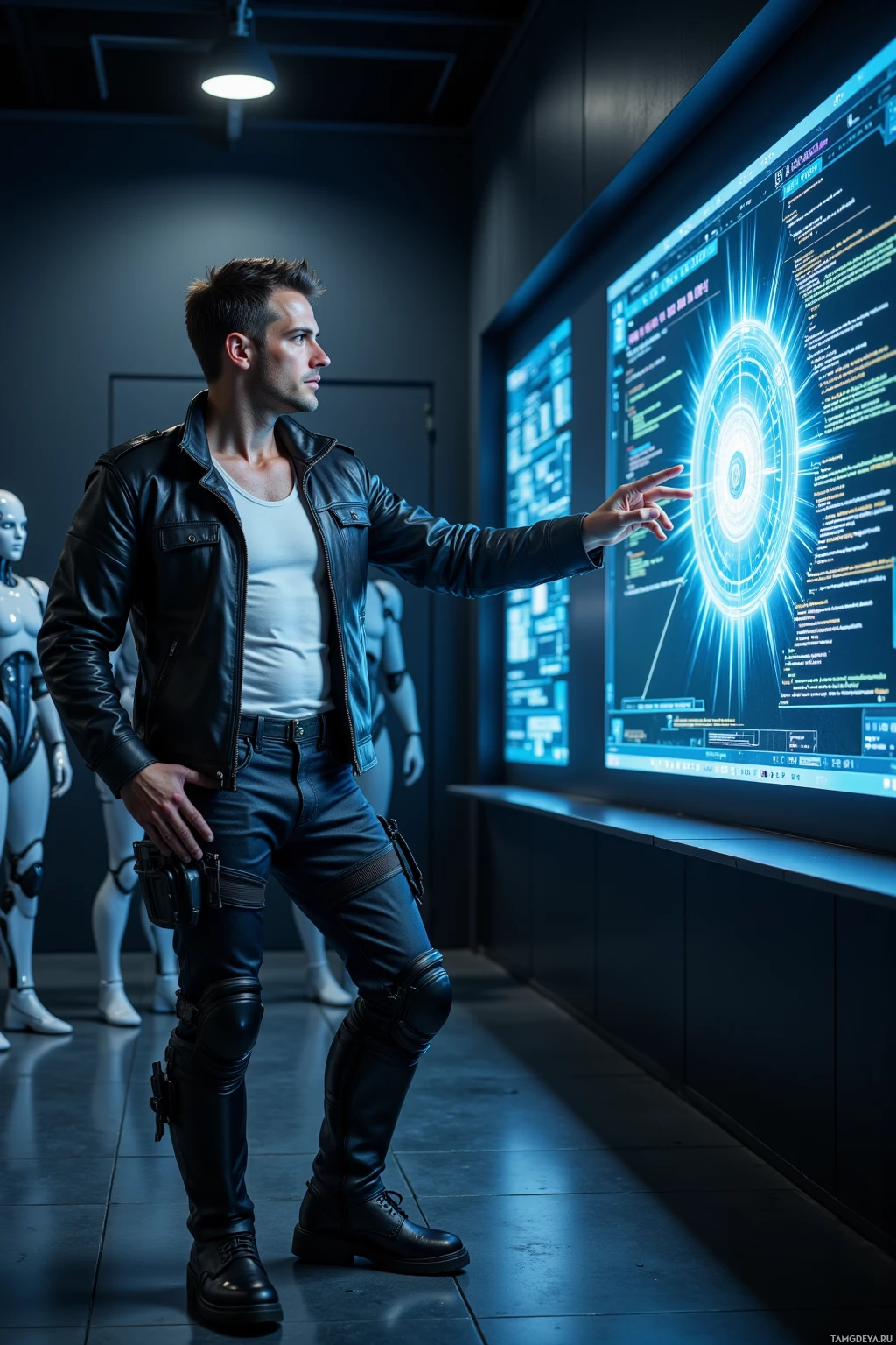 A man in a leather jacket stands in a dimly lit room, pointing at a large screen displaying futuristic data.