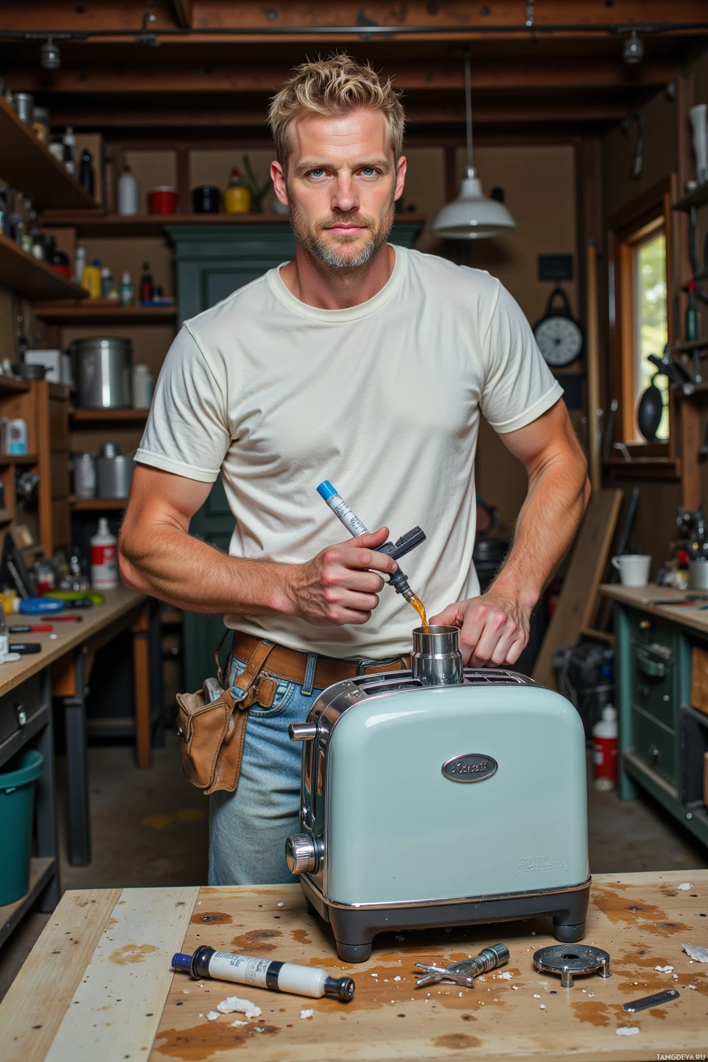 A man in a workshop setting holds a tool near a toaster.