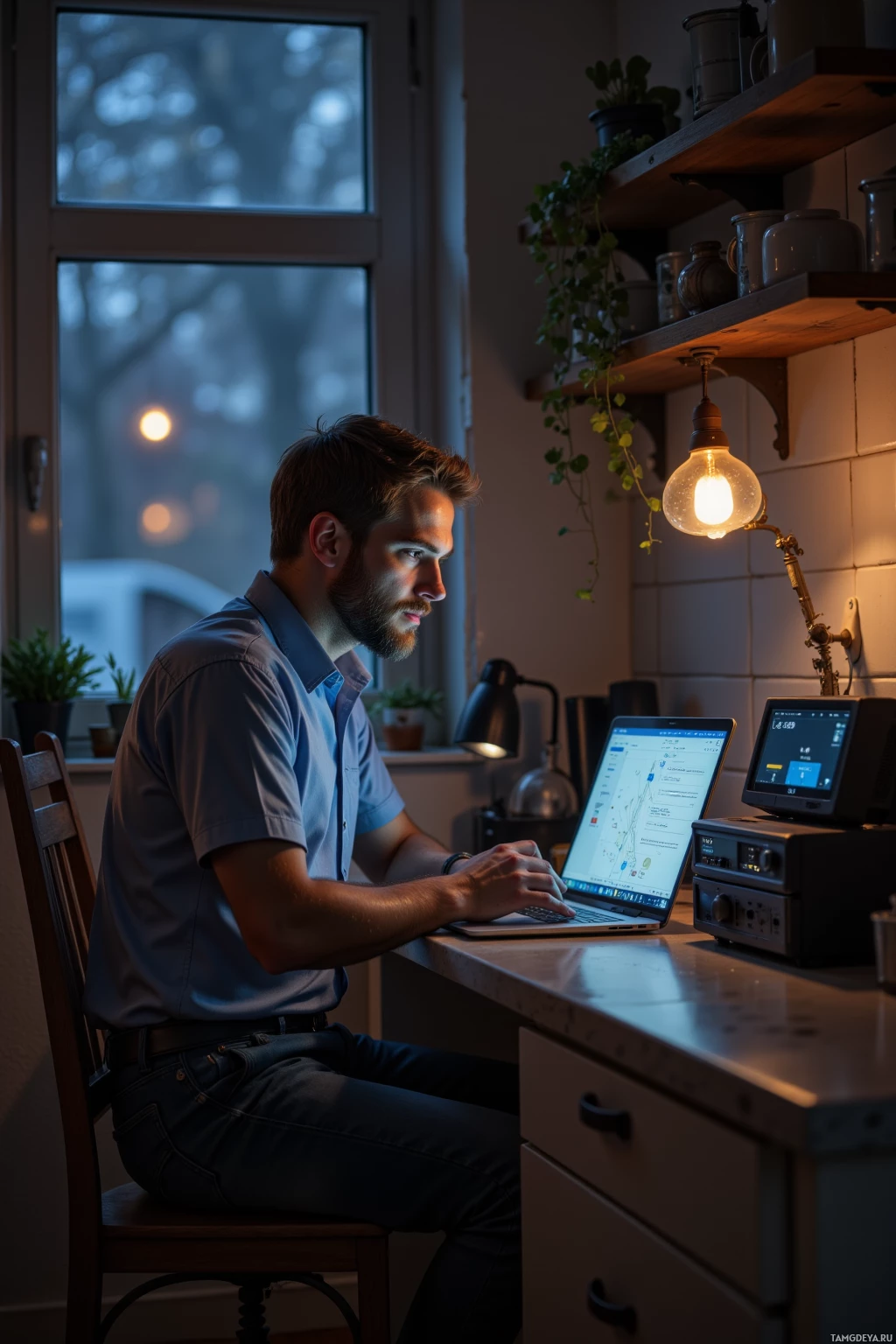 A man works on a laptop at a desk in a dimly lit room with a window and a hanging light.