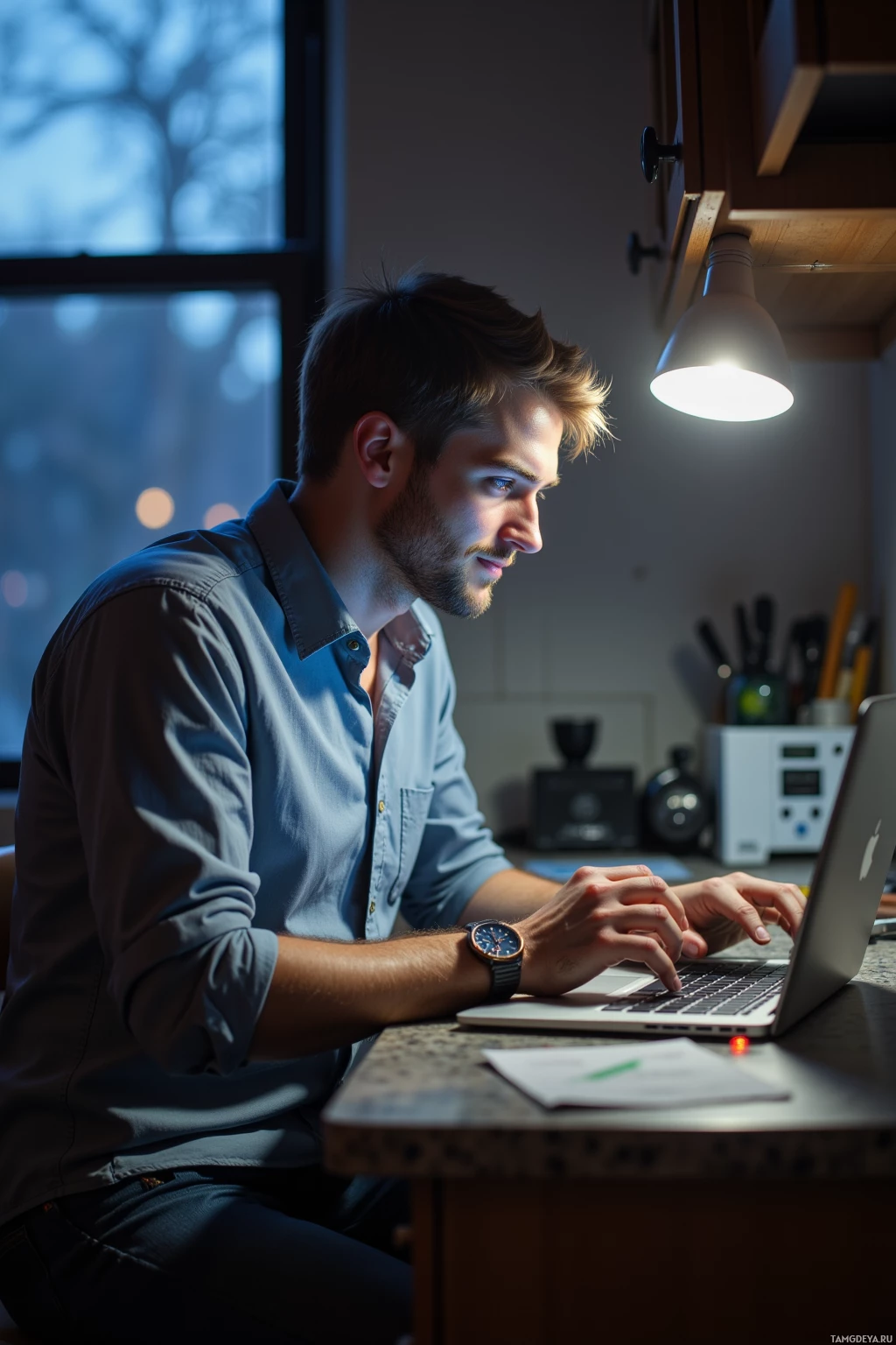 A man is working on a laptop at a desk in a dimly lit room.