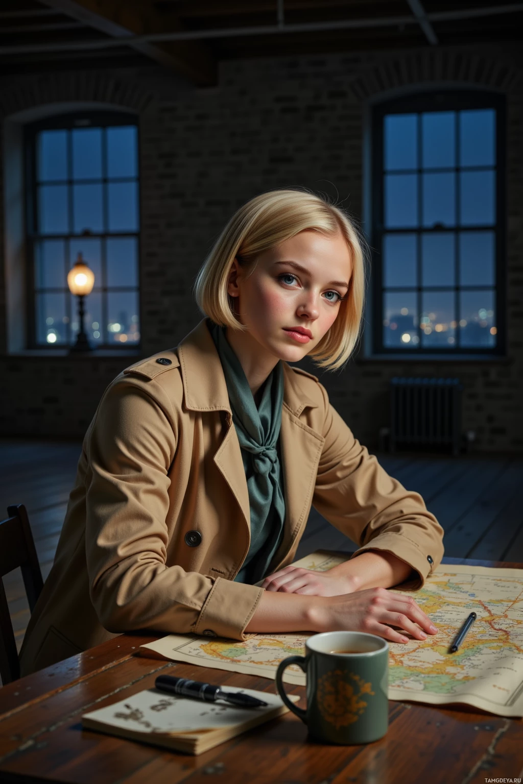 A person in a trench coat sits at a table with a map, notebook, and mug, in a dimly lit room with large windows.