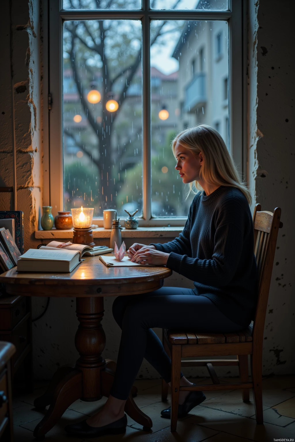 A woman sits at a table by a window, writing in a notebook as it rains outside.