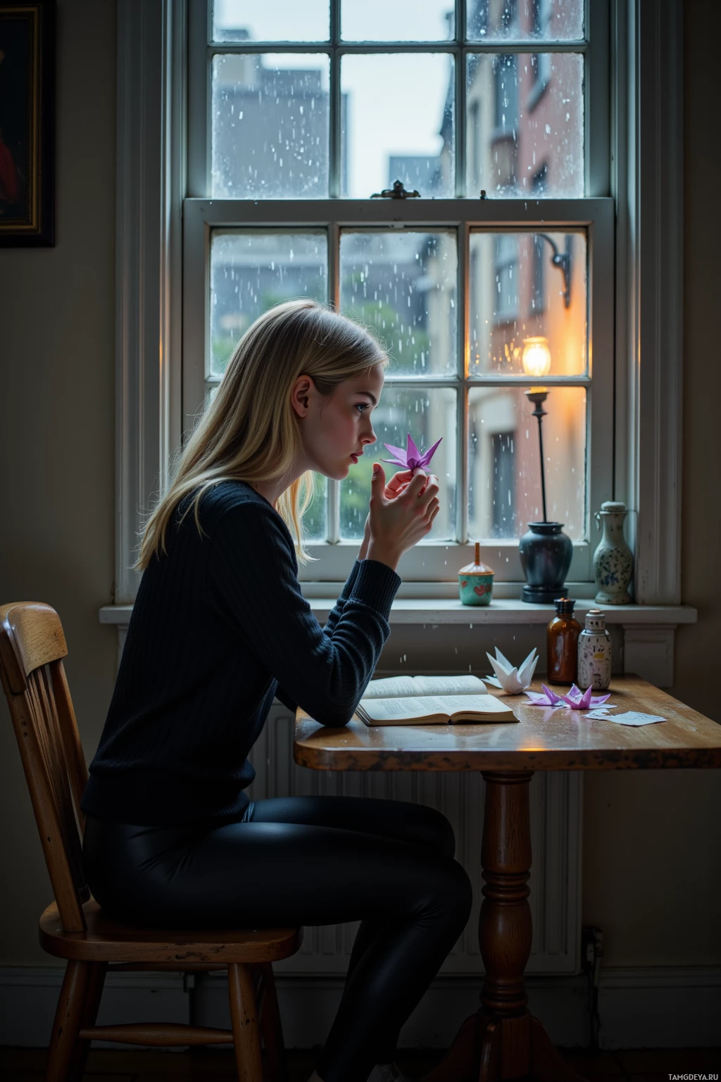 A woman sits at a table by a window, holding an origami flower, with a book and other items on the table.