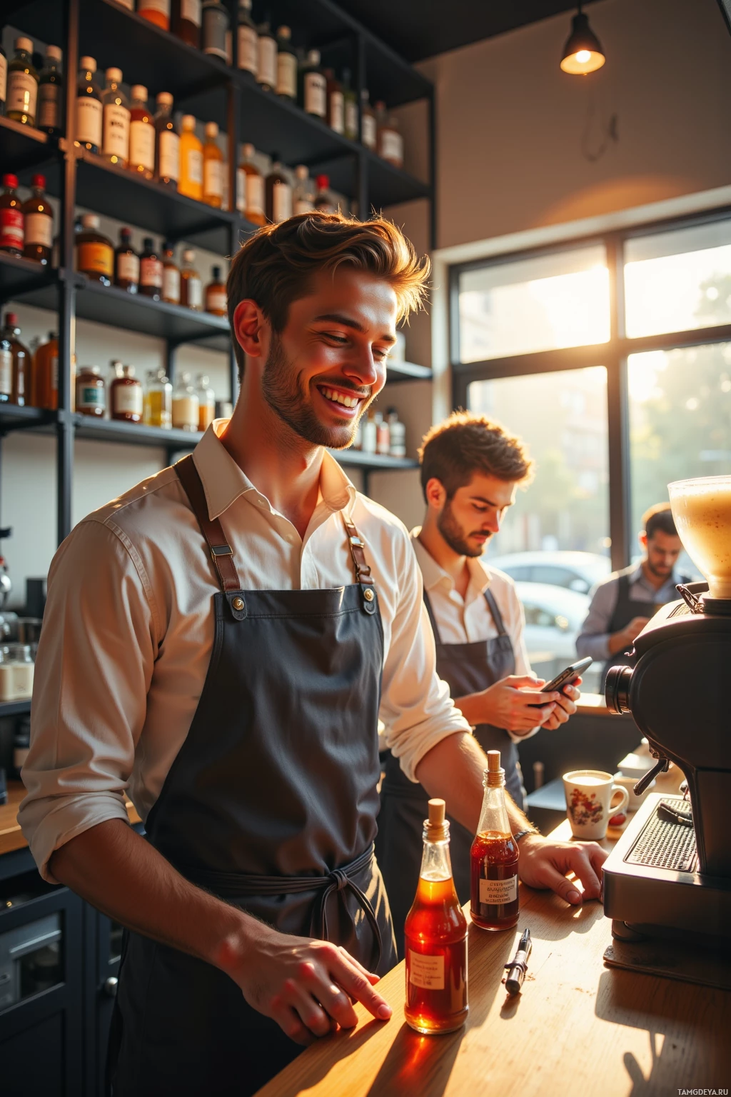Two baristas in aprons work at a coffee shop counter.