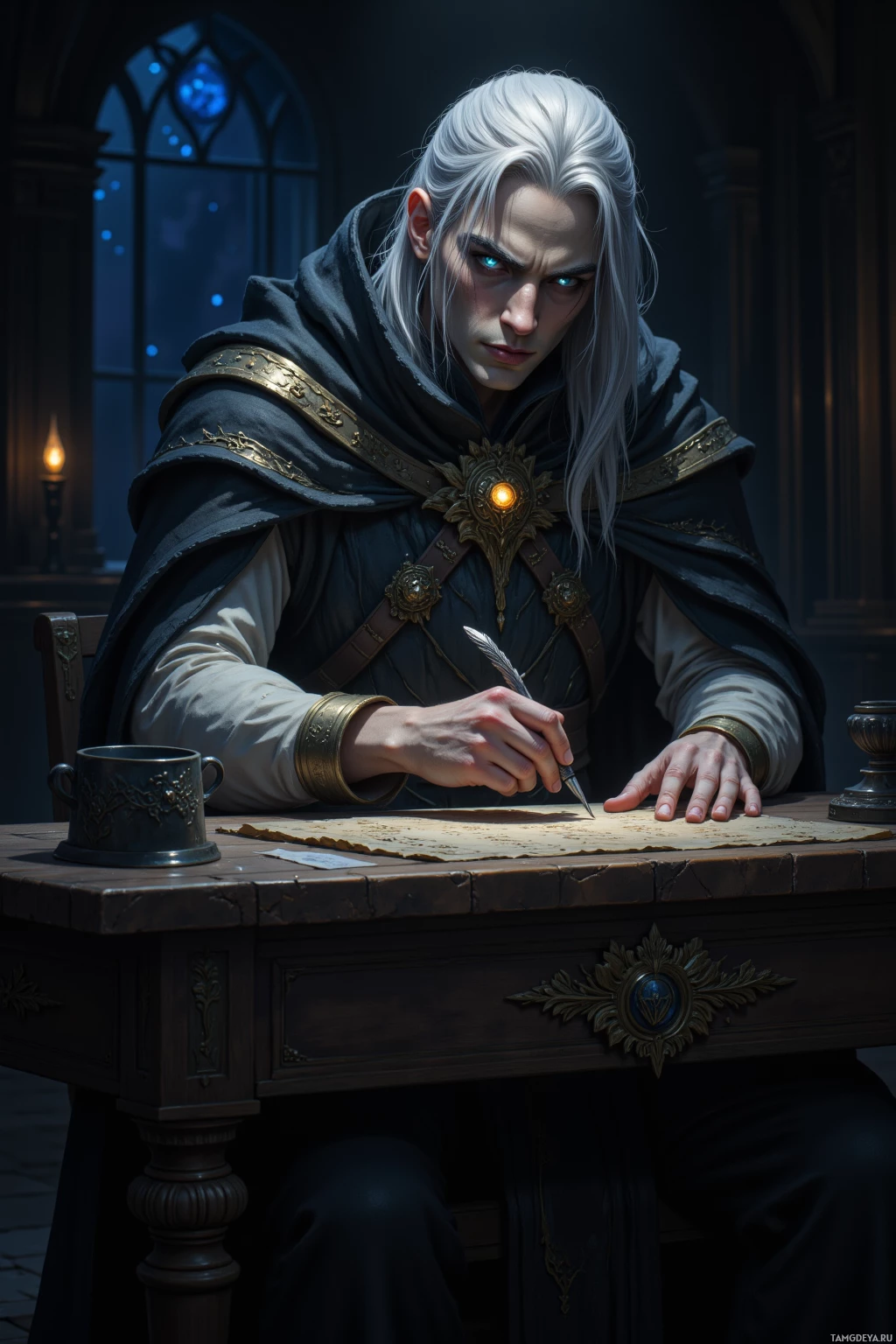 A person with long white hair sits at a table, writing with a quill pen.