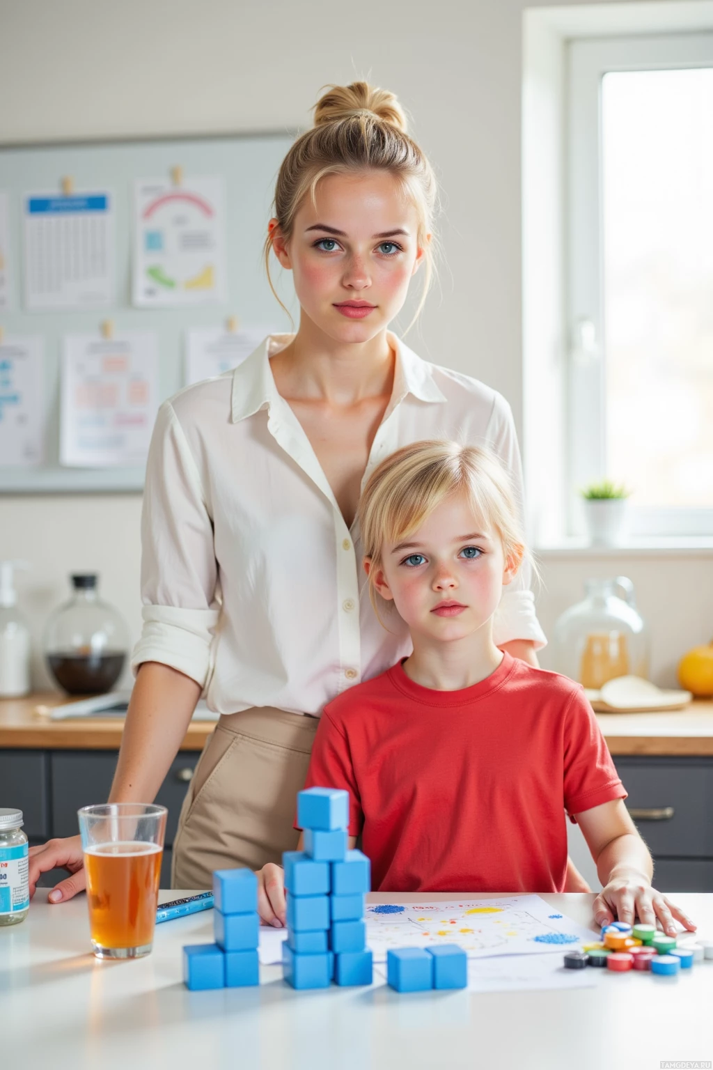 A woman and a child are sitting at a table with building blocks and a glass of juice.