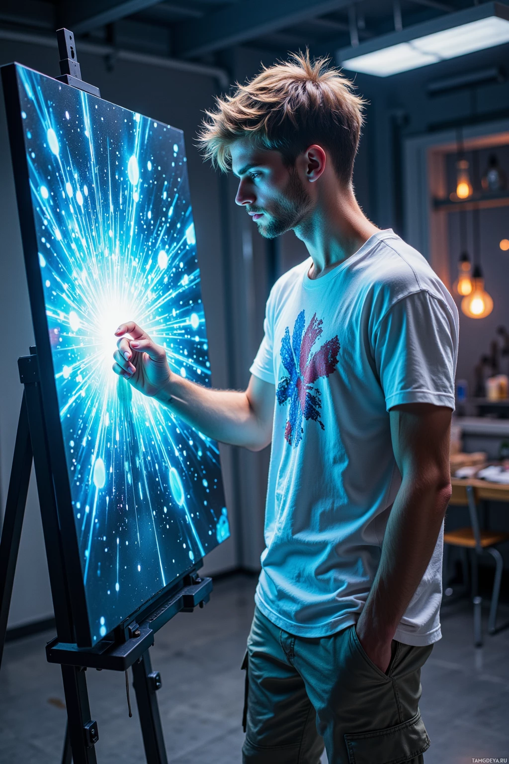A person stands in front of an easel, observing a vibrant, abstract painting.
