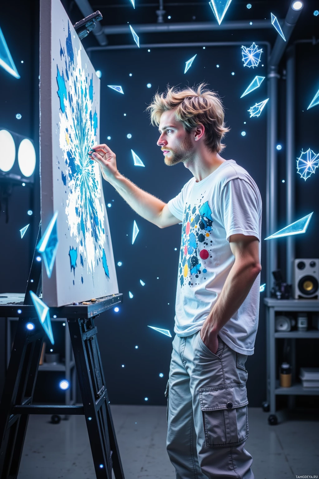 A man stands in a studio, painting on a canvas with a vibrant, abstract design.