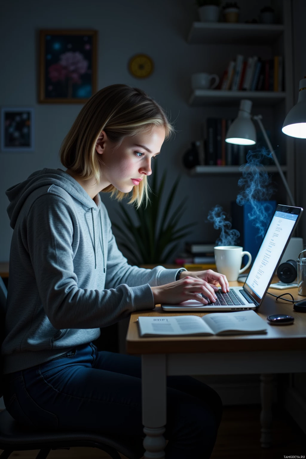 A person in a hoodie works on a laptop at a desk in a dimly lit room.