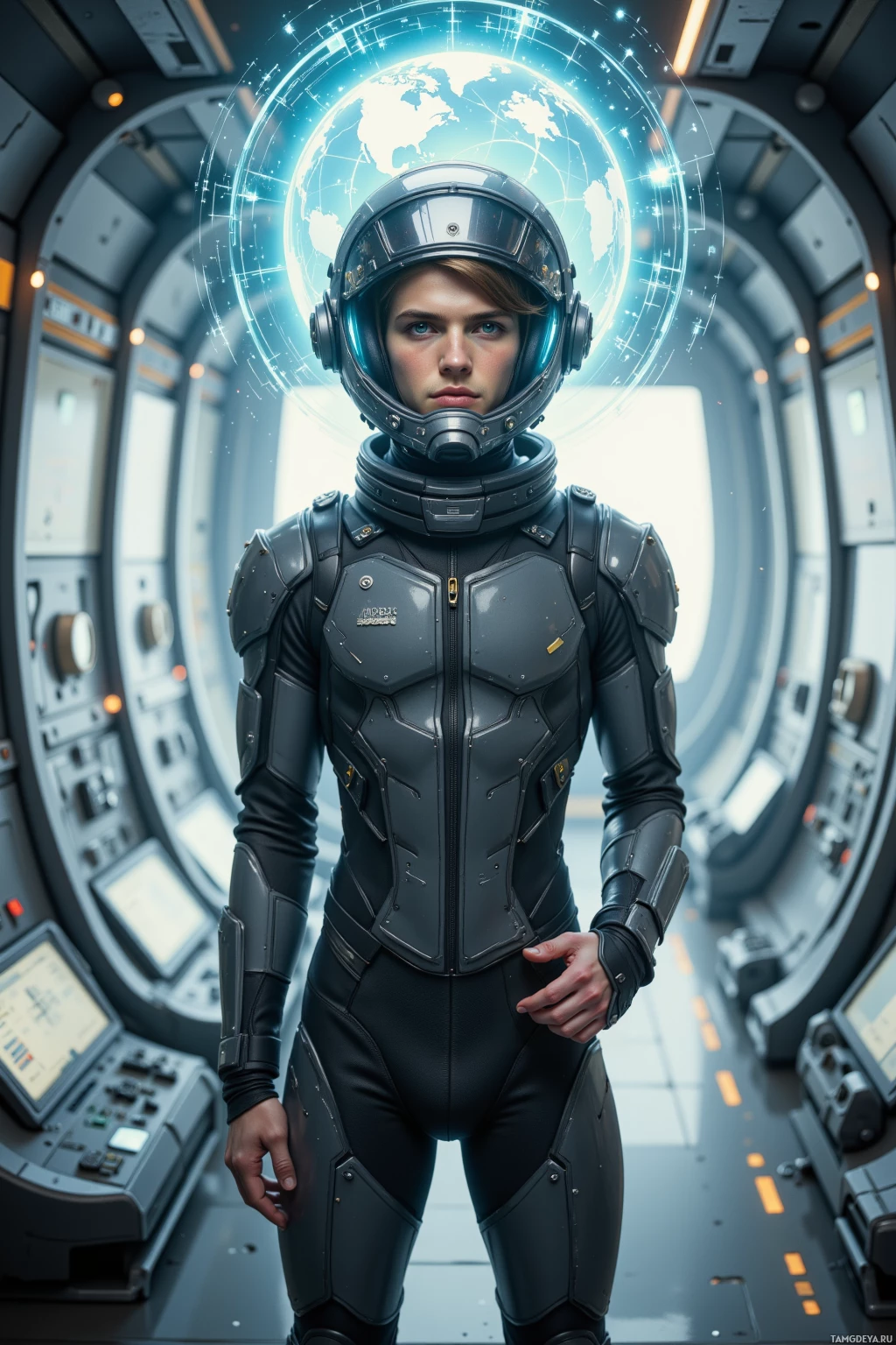 A person in a futuristic space suit stands in a high-tech environment.