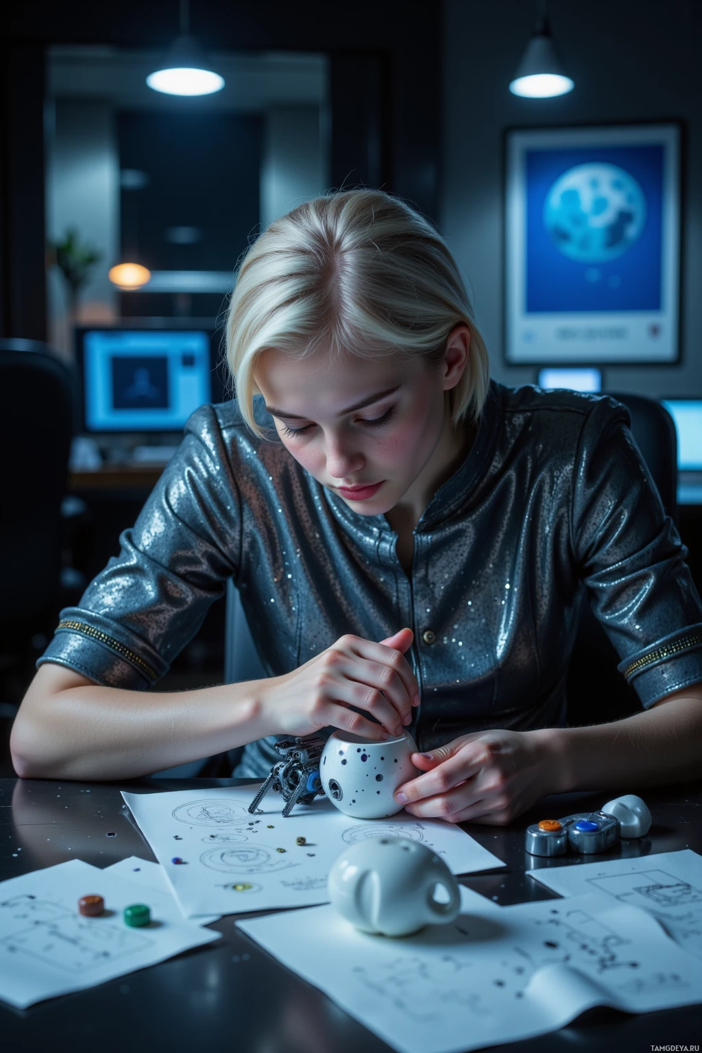 A person is working on a small mechanical device at a desk with diagrams and tools.