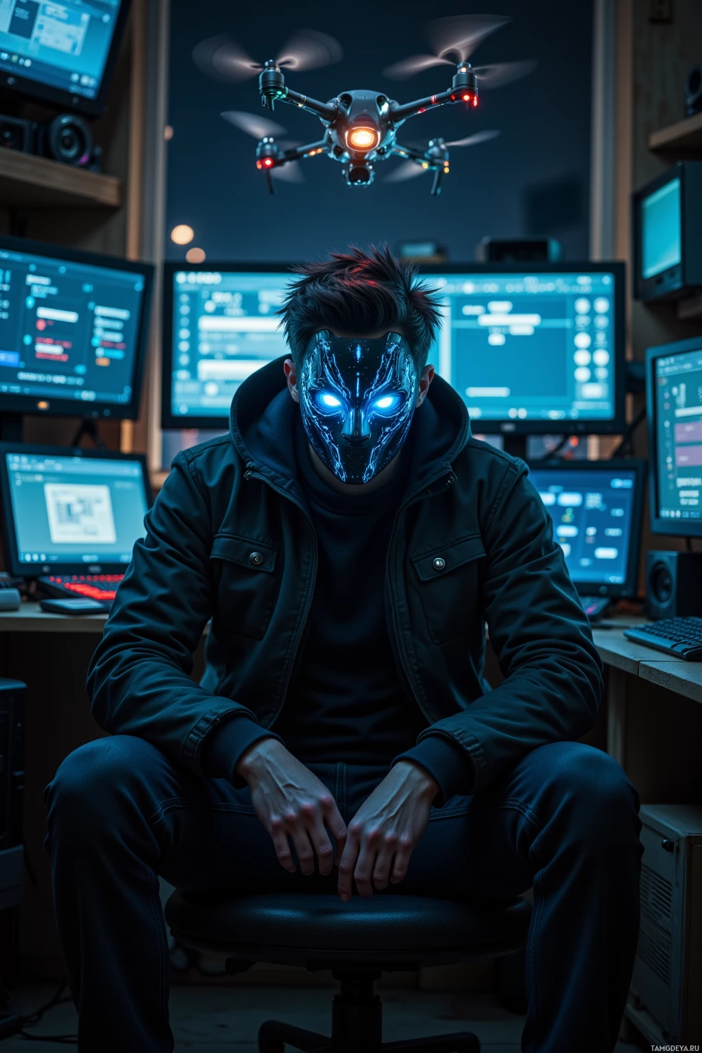 A person wearing a futuristic mask sits in a dimly lit room surrounded by multiple computer monitors.