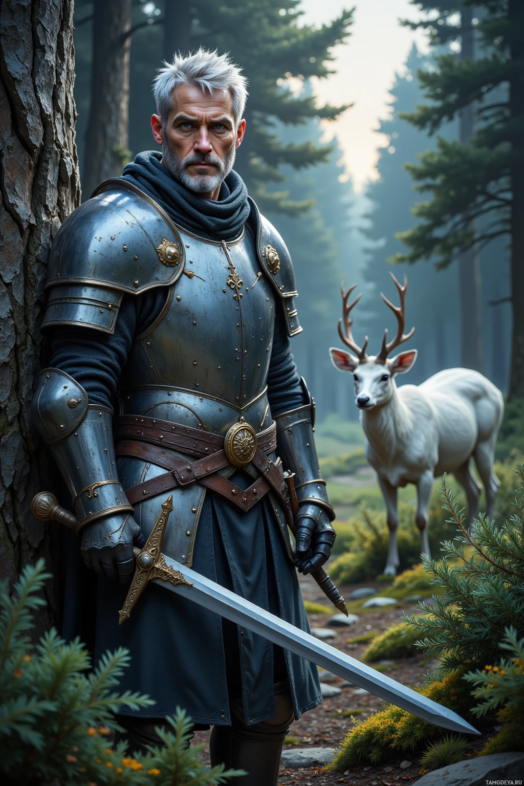 A knight in armor stands in a forest, holding a sword, with a white deer nearby.
