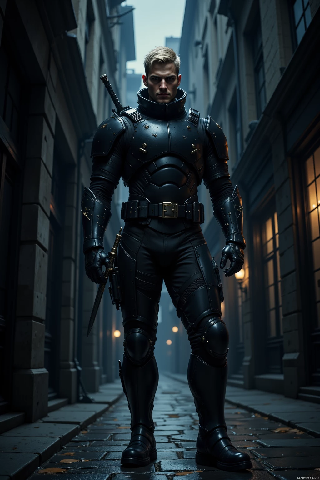 A person in a dark, futuristic armored suit stands in a narrow alleyway.