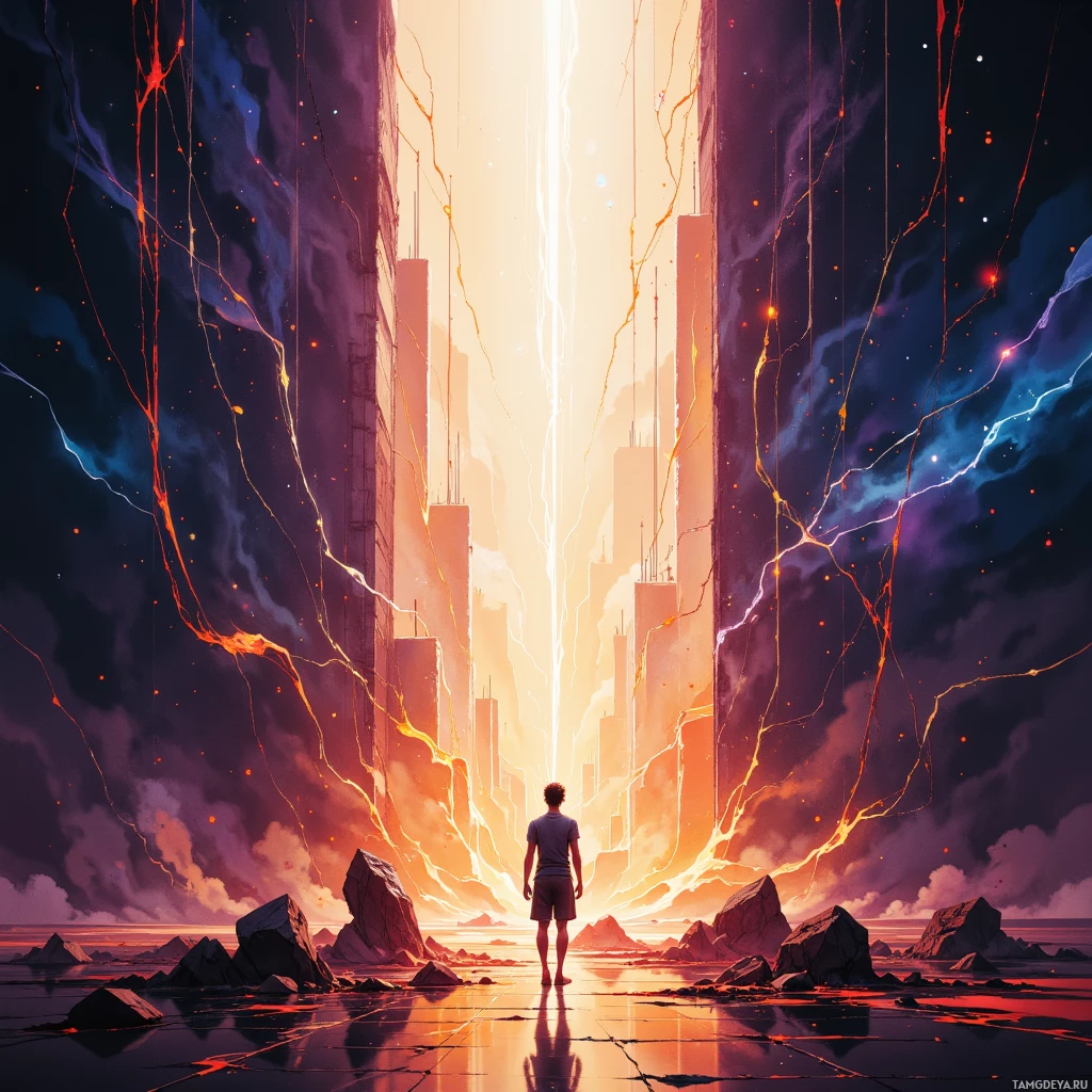 A lone figure stands before a towering, glowing cityscape with streaks of light and energy.