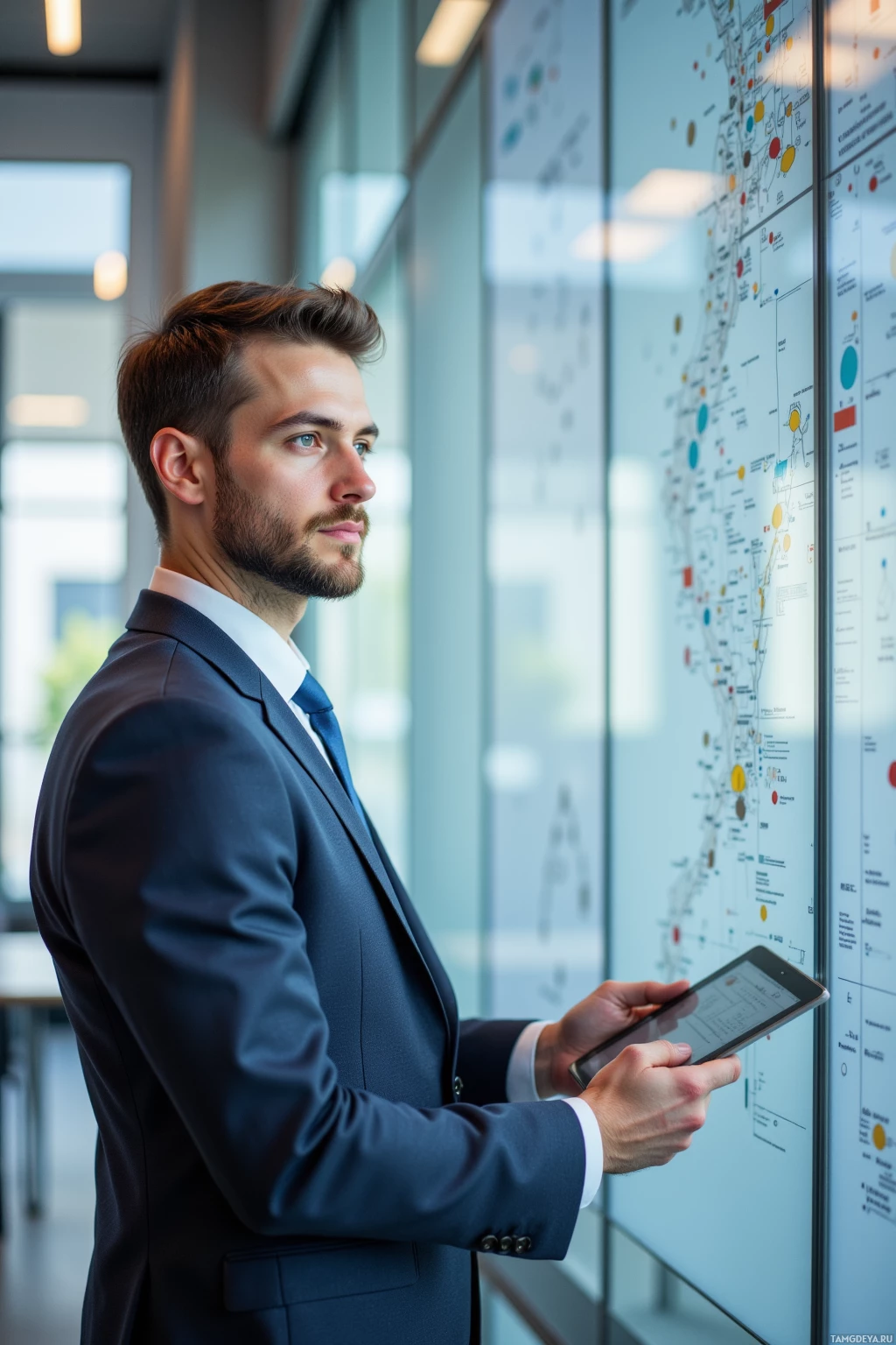 A man in a suit stands in front of a large display, holding a tablet.