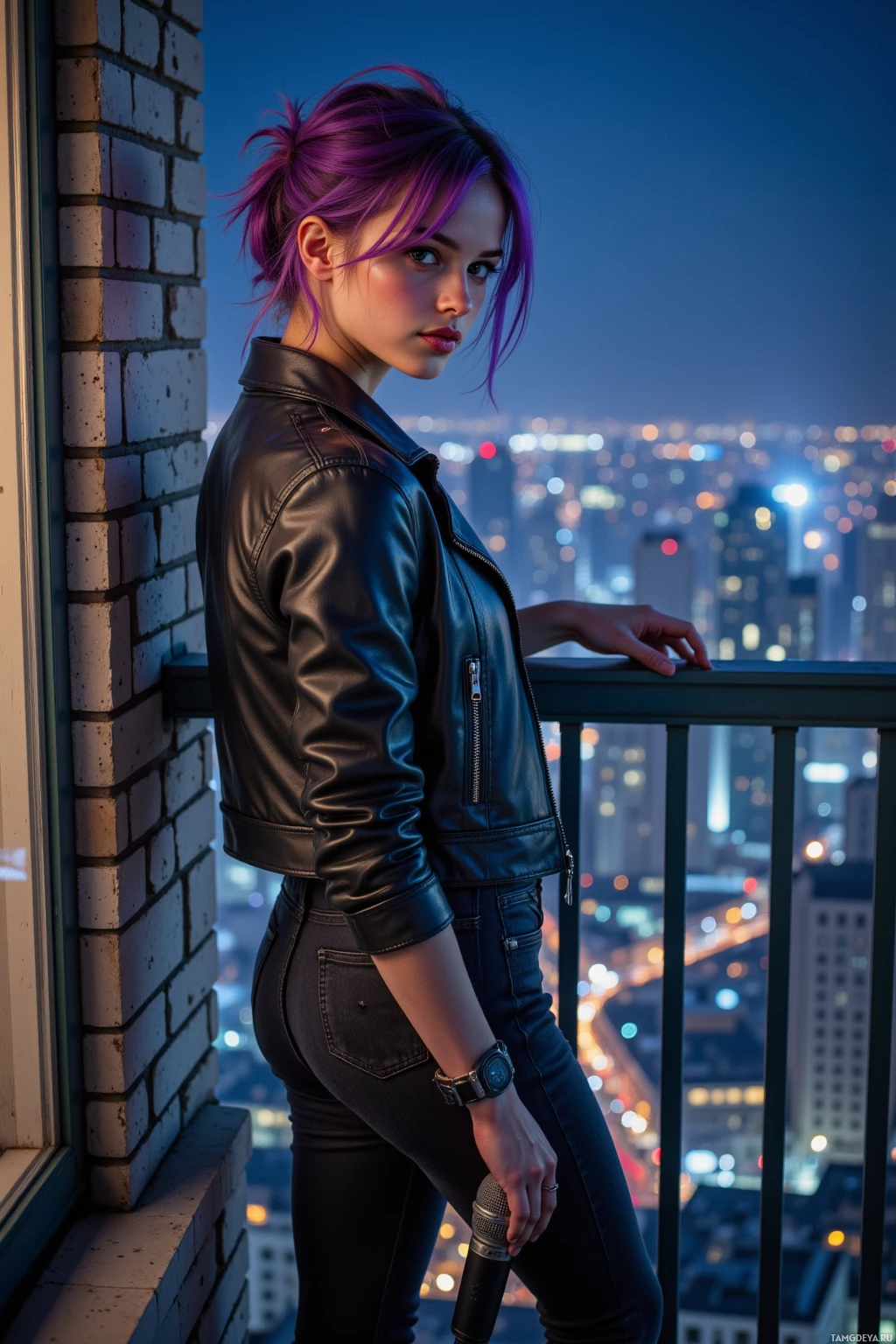 A person with purple hair stands on a balcony overlooking a cityscape at night.