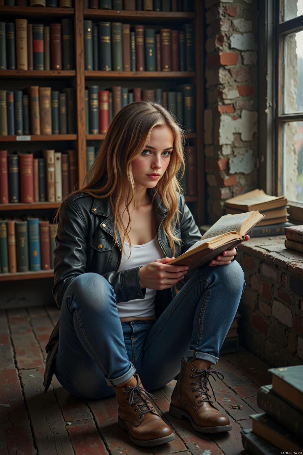 A young woman sits on the floor in a library, reading a book.