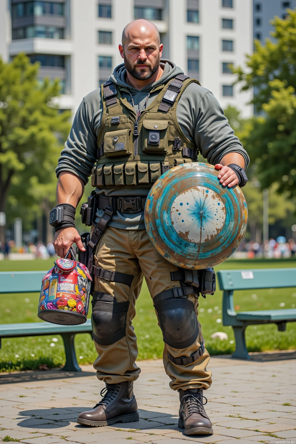 A man in tactical gear stands outdoors, holding a shield and a bag.