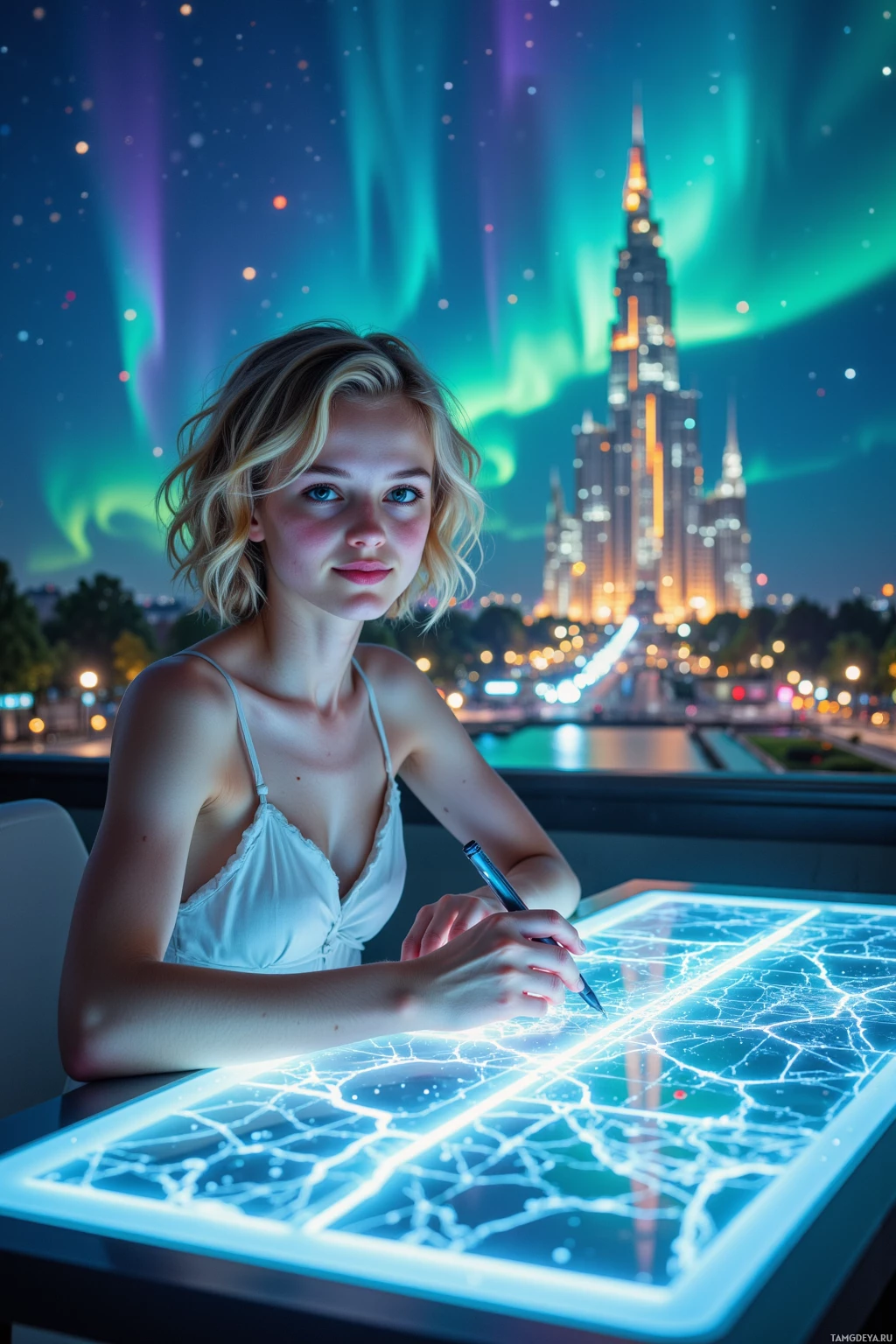 A woman in a white dress sits at a table with a glowing map, with a cityscape and aurora borealis in the background.