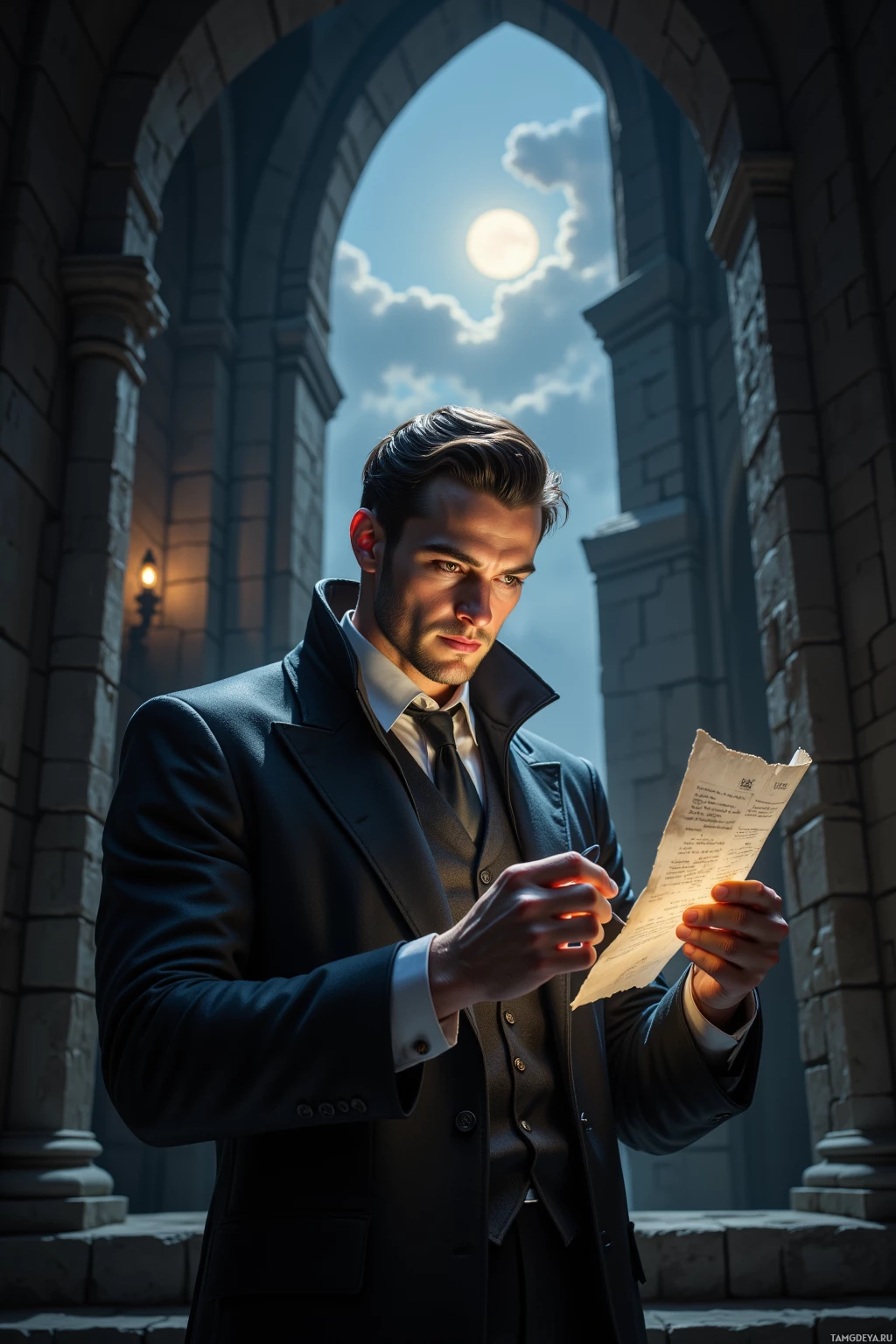 A man in a suit stands under an archway, reading a document.