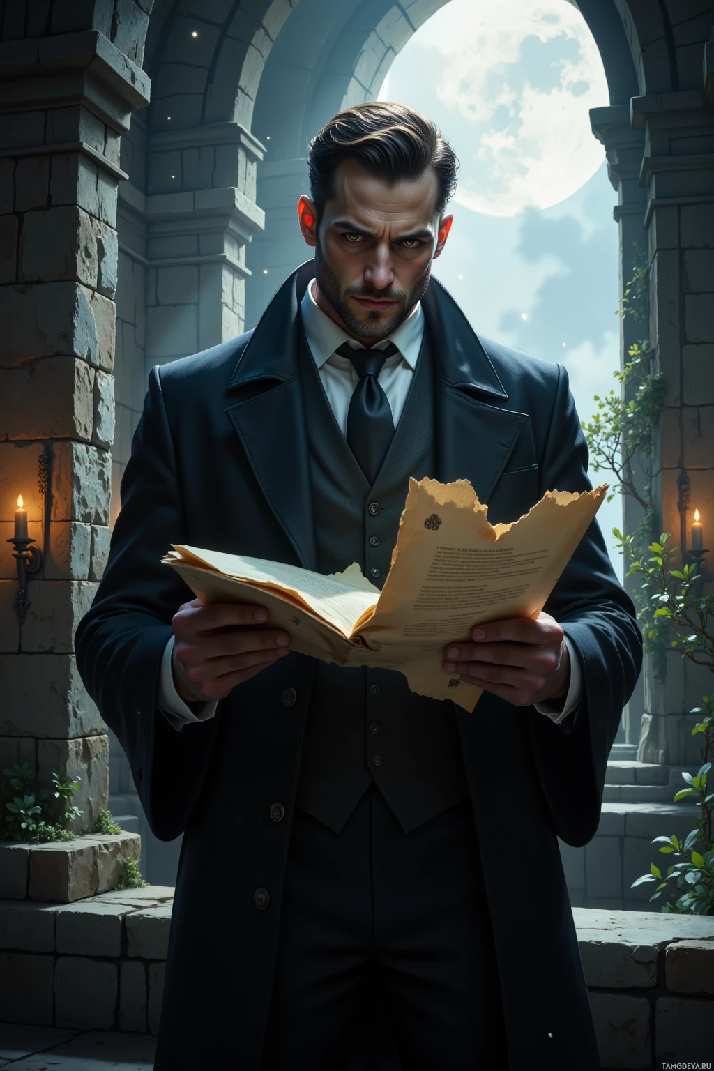 A man in a formal suit stands in a stone archway, reading a book.