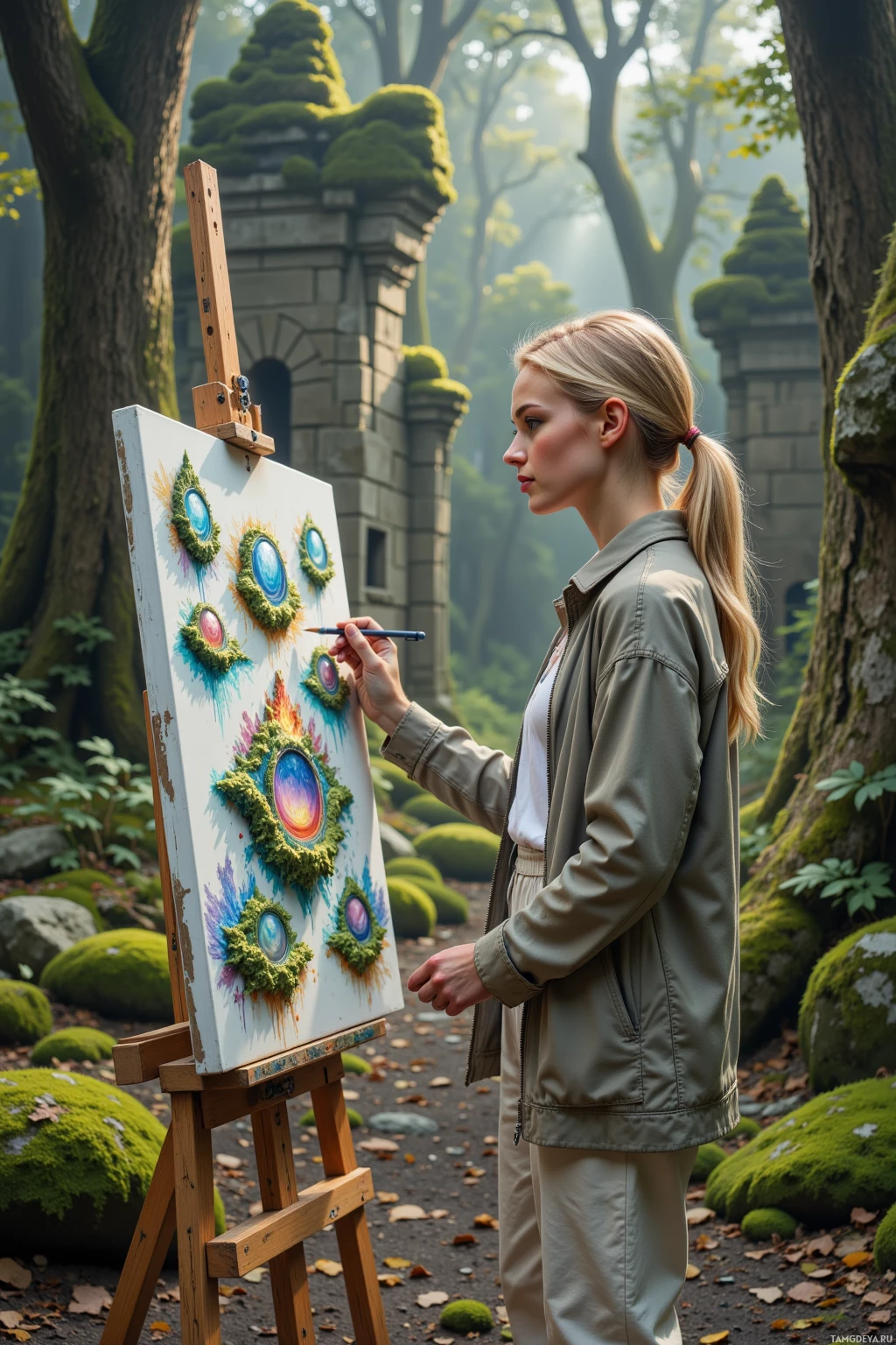 A woman paints a colorful abstract artwork on an easel in a serene forest setting.