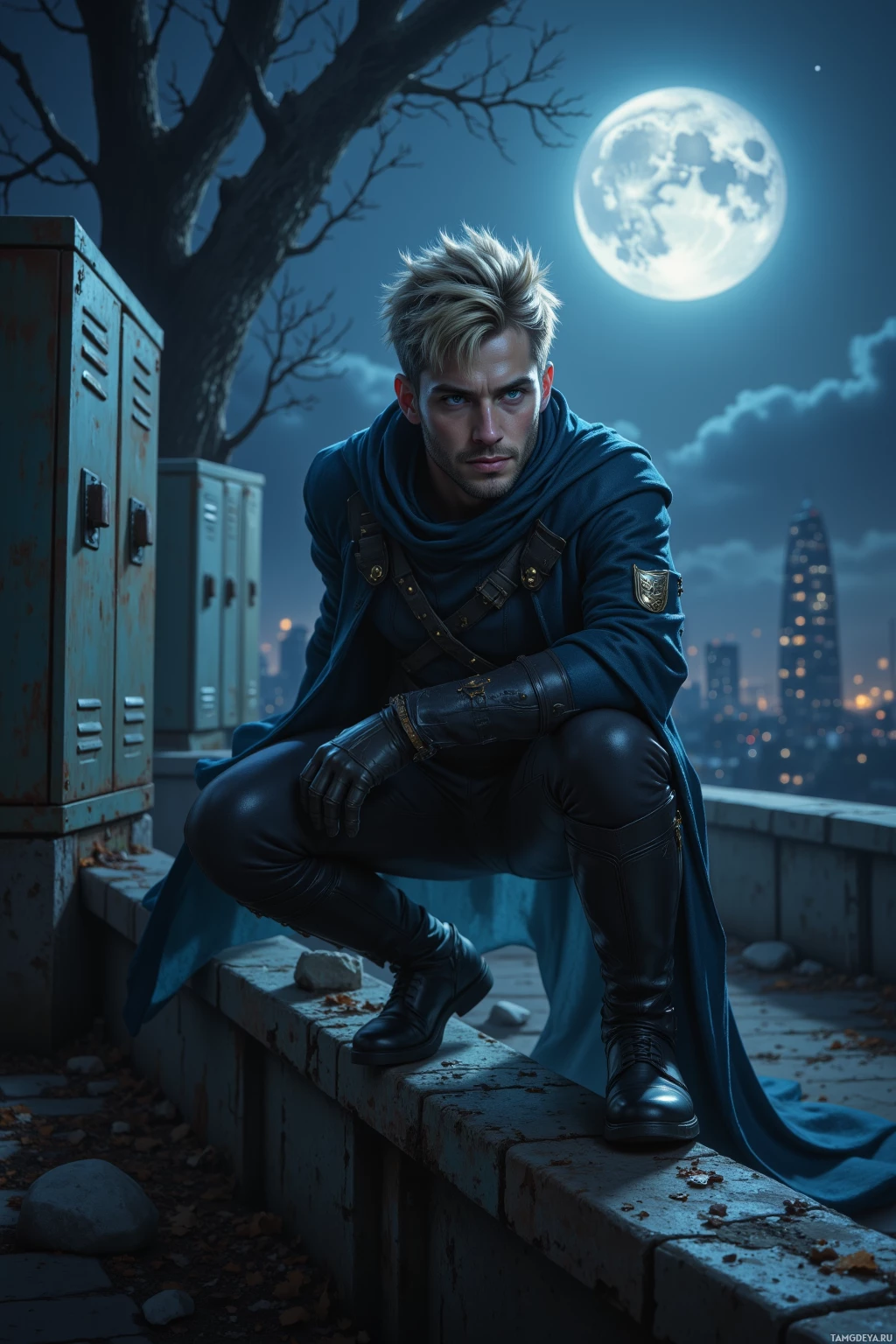 A man in a blue cloak and leather outfit crouches on a ledge under a full moon.