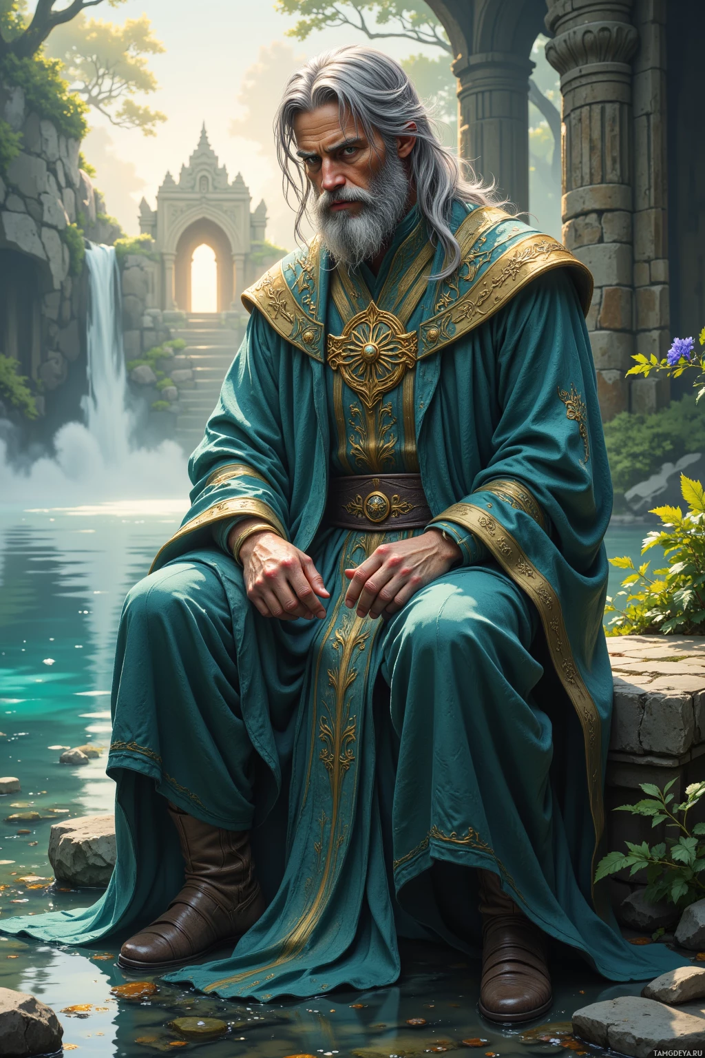 A regal figure in ornate teal and gold attire sits by a serene waterfall.