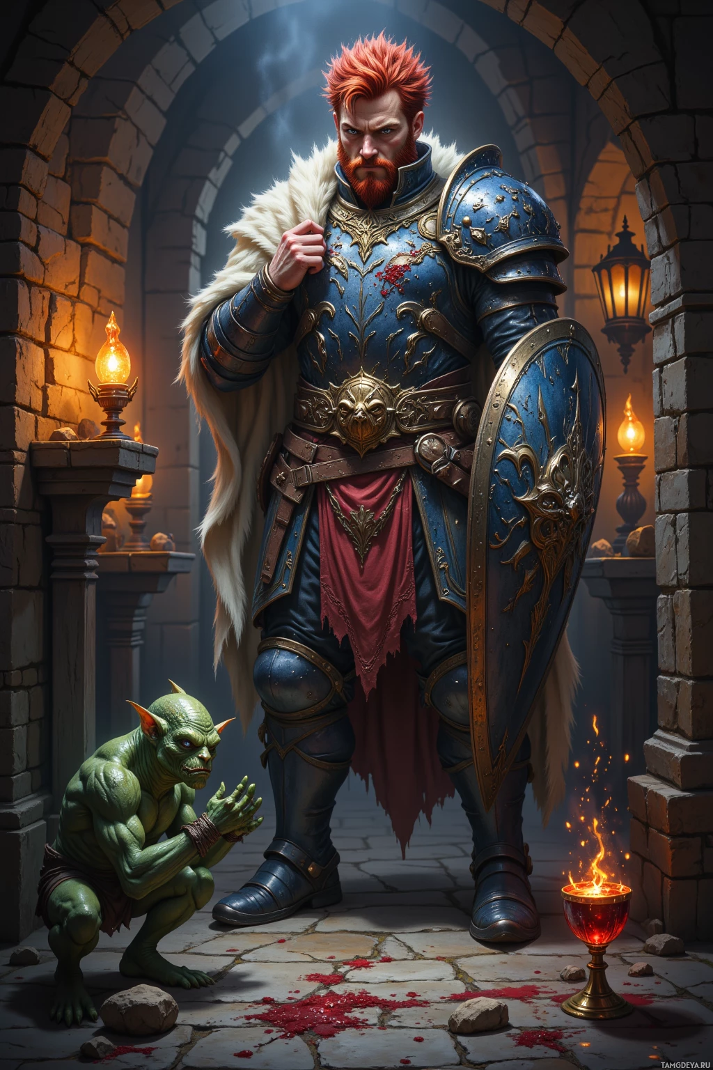 A knight in ornate armor stands beside a small green creature in a dimly lit stone archway.
