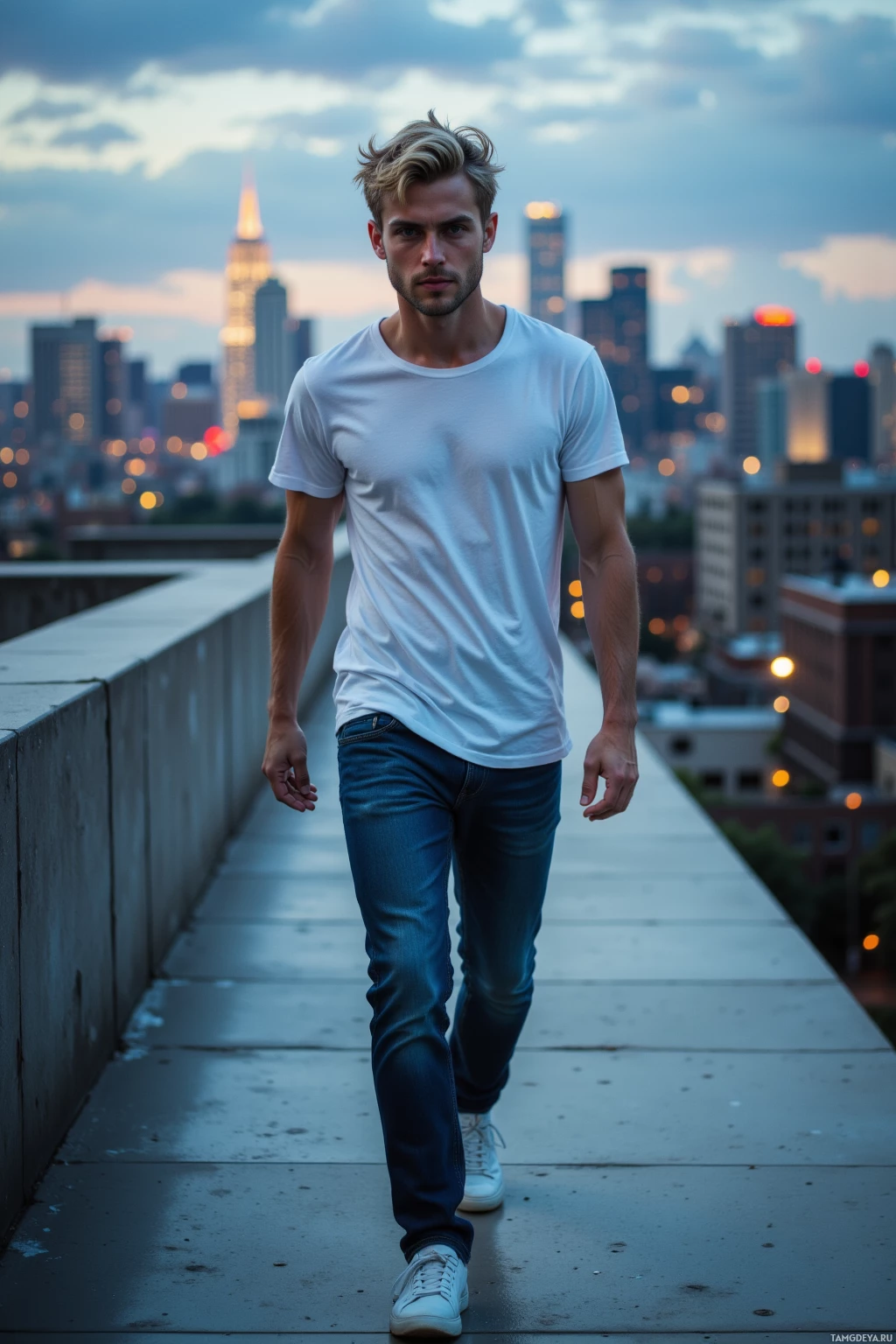 A man in a white t-shirt and jeans walks on a rooftop with a city skyline in the background.