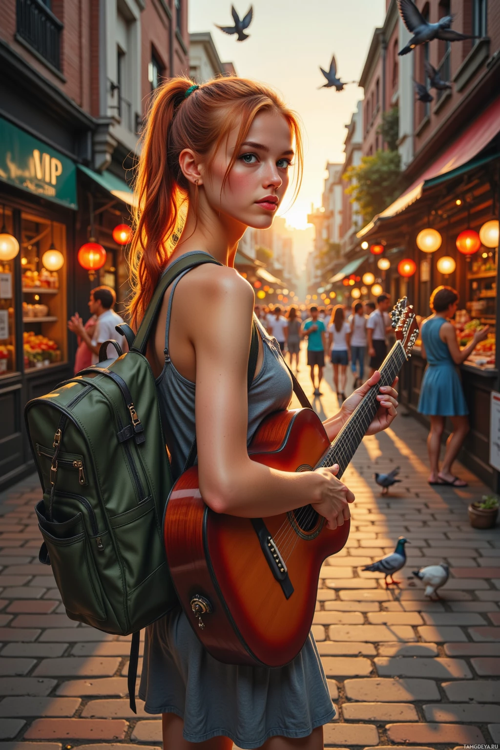 A young woman with a guitar and backpack stands on a bustling street at sunset.