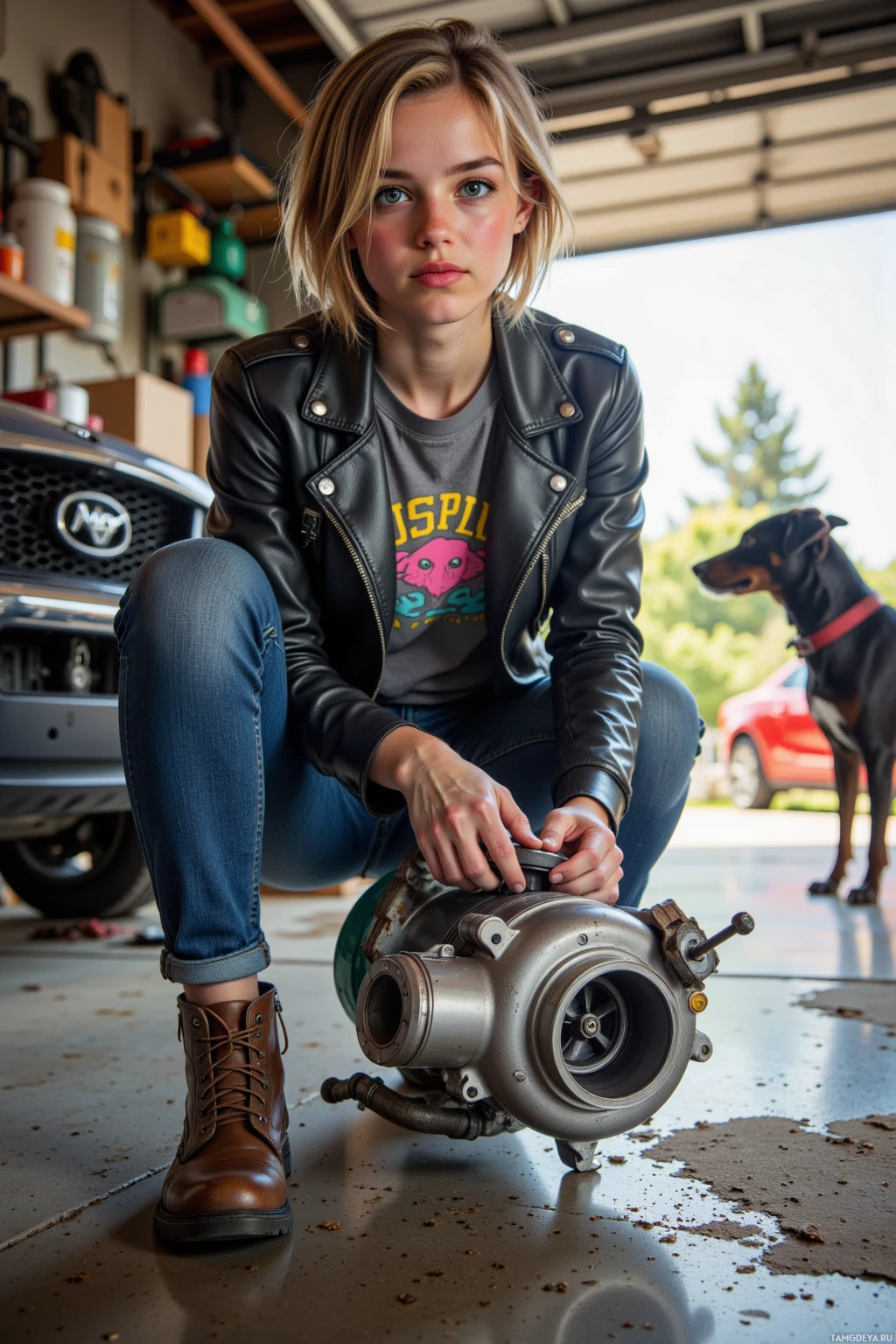 A person in a garage with a dog, holding a turbocharger.
