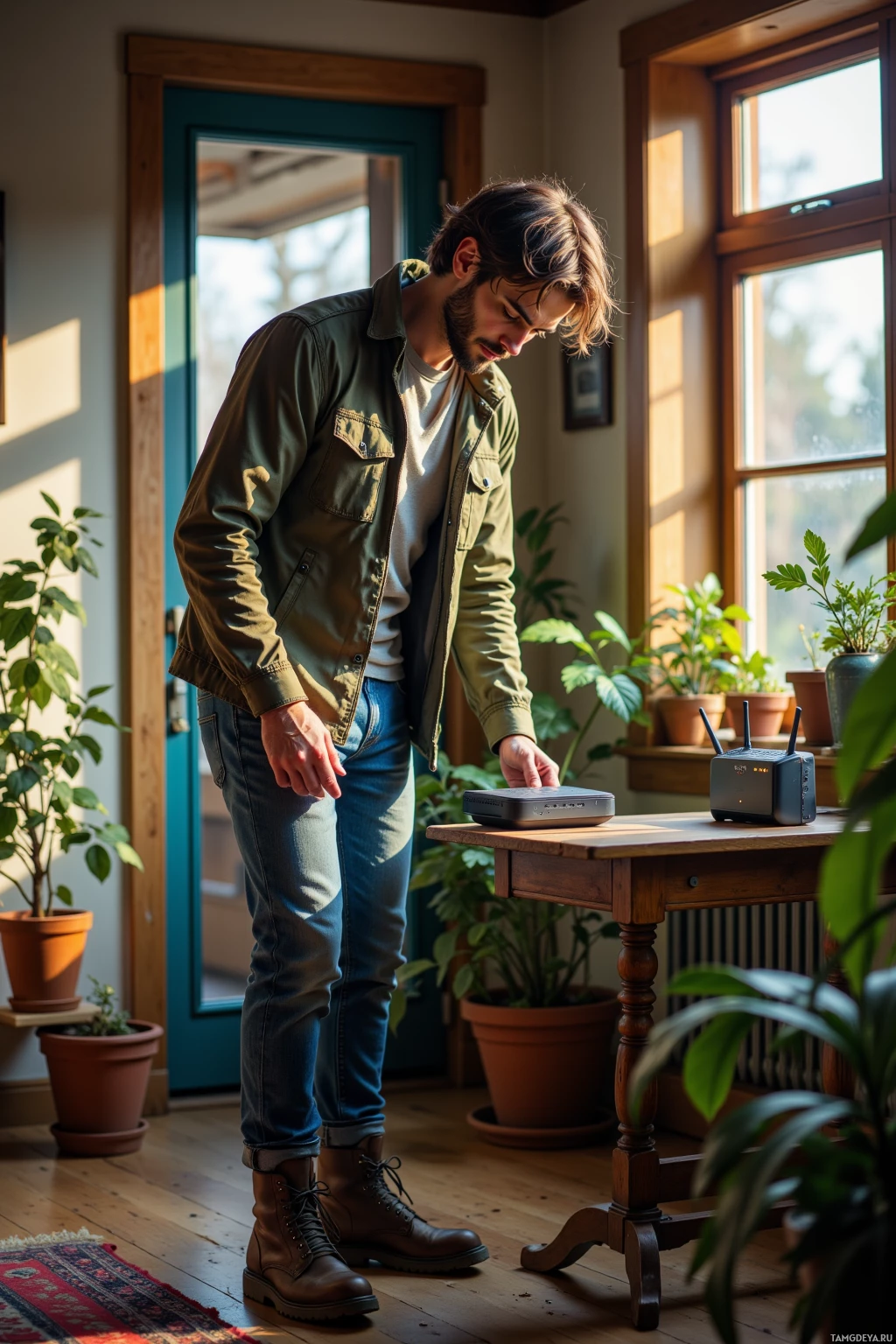 A man stands indoors, interacting with a device on a table near a window.