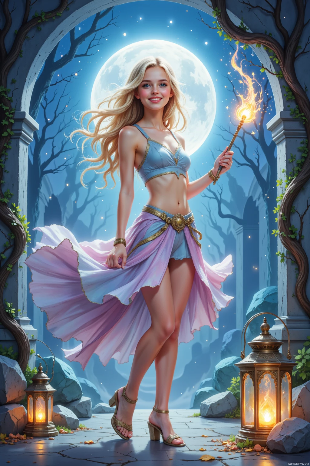 A woman in a flowing dress holds a glowing wand, standing under a moonlit archway.