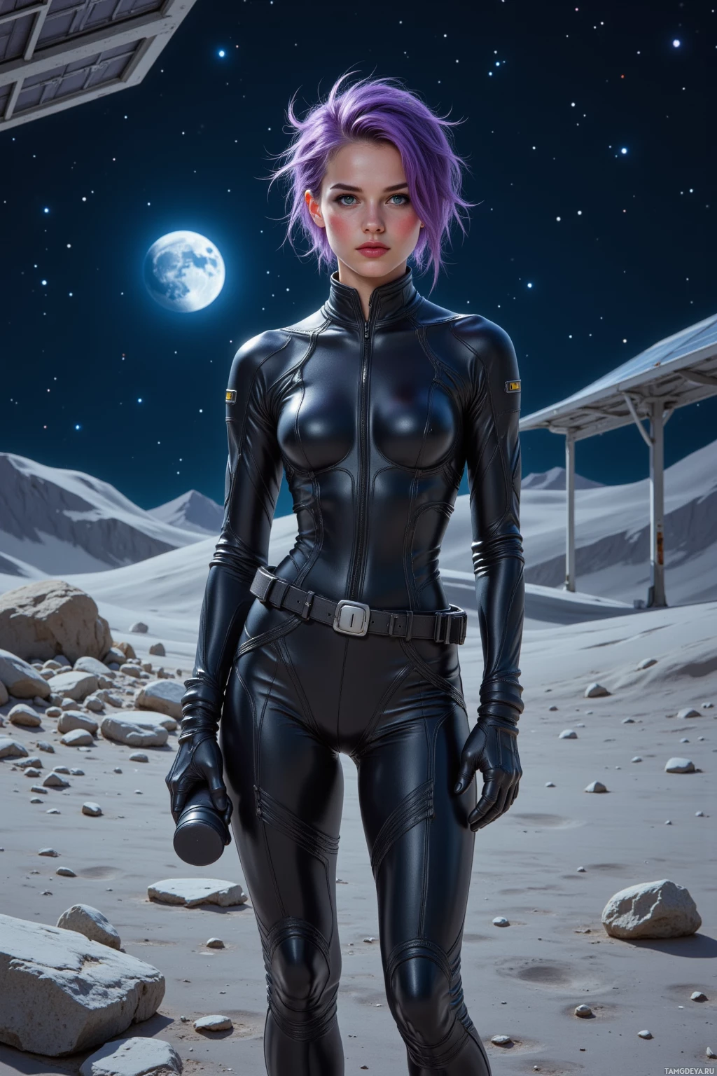 A person in a black, form-fitting suit stands on a barren, rocky landscape under a starry sky.