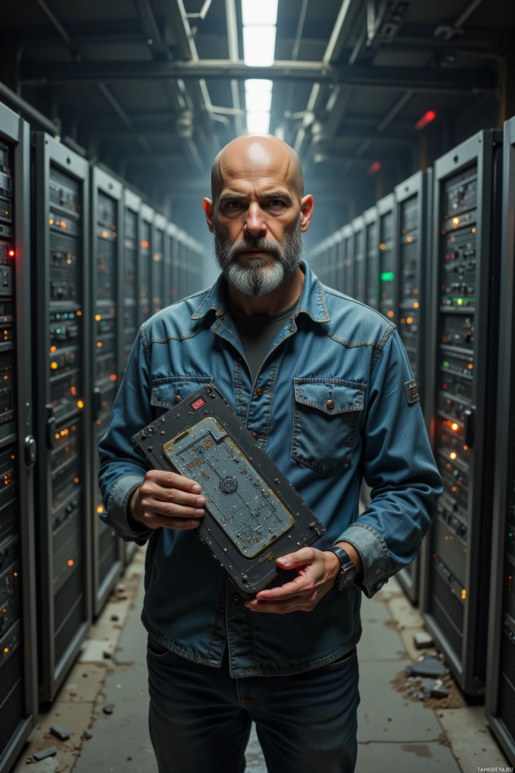 A man stands in a server room holding a circuit board.